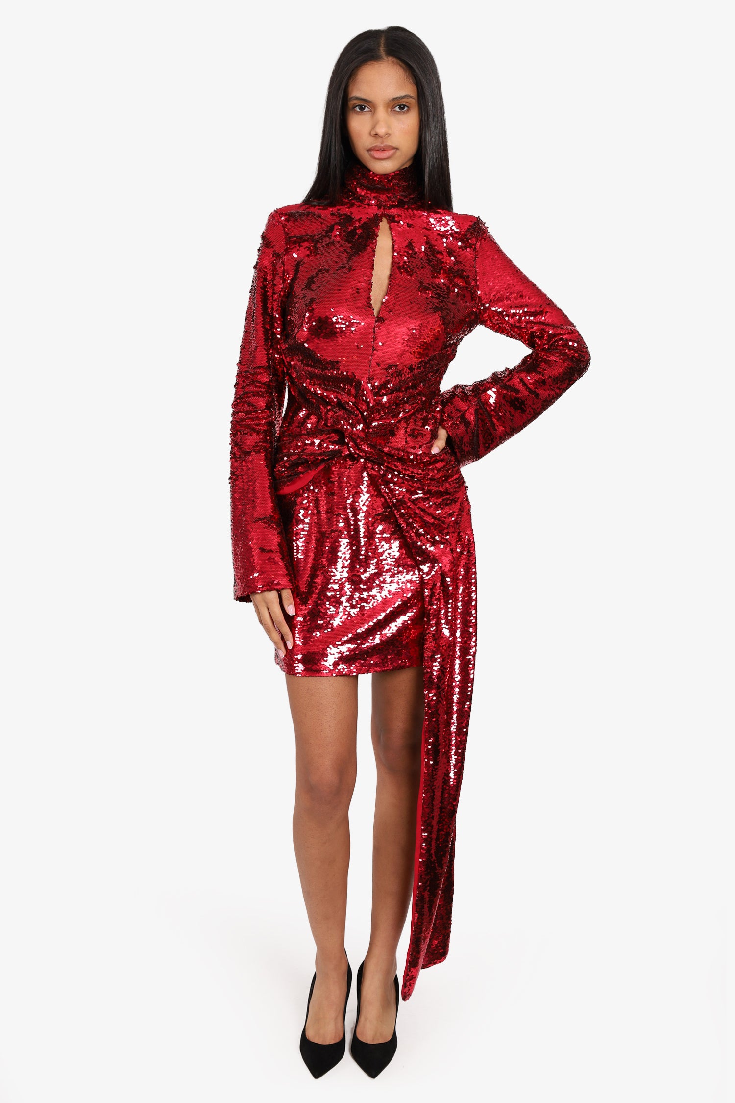 Red Sequin Dress 16 16 Arlington Red Long-sleeve Sequin Dress with Front  Cut Out and Long Belt Size 10 Red Sequin High Neck Ruched Bodycon Mini Dress  AX Paris US