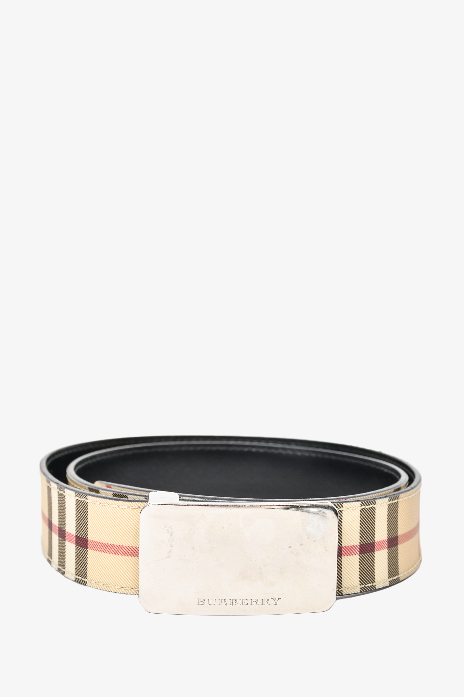 Burberry Beige Check Coated Canvas Belt w/ Silver Buckle sz 
