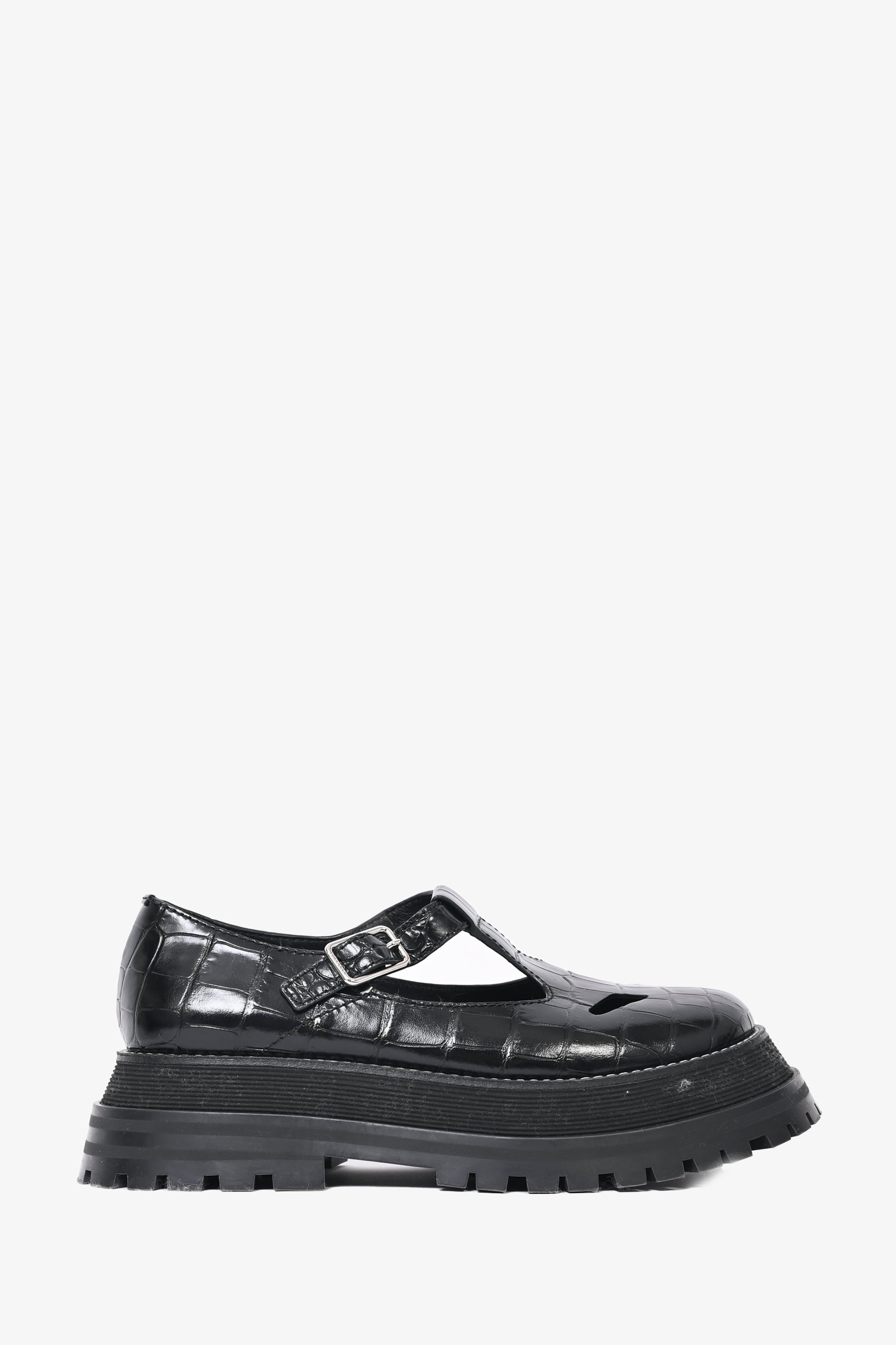 Burberry Black Croc Embossed Leather Platform T-Bar Oxfords Size