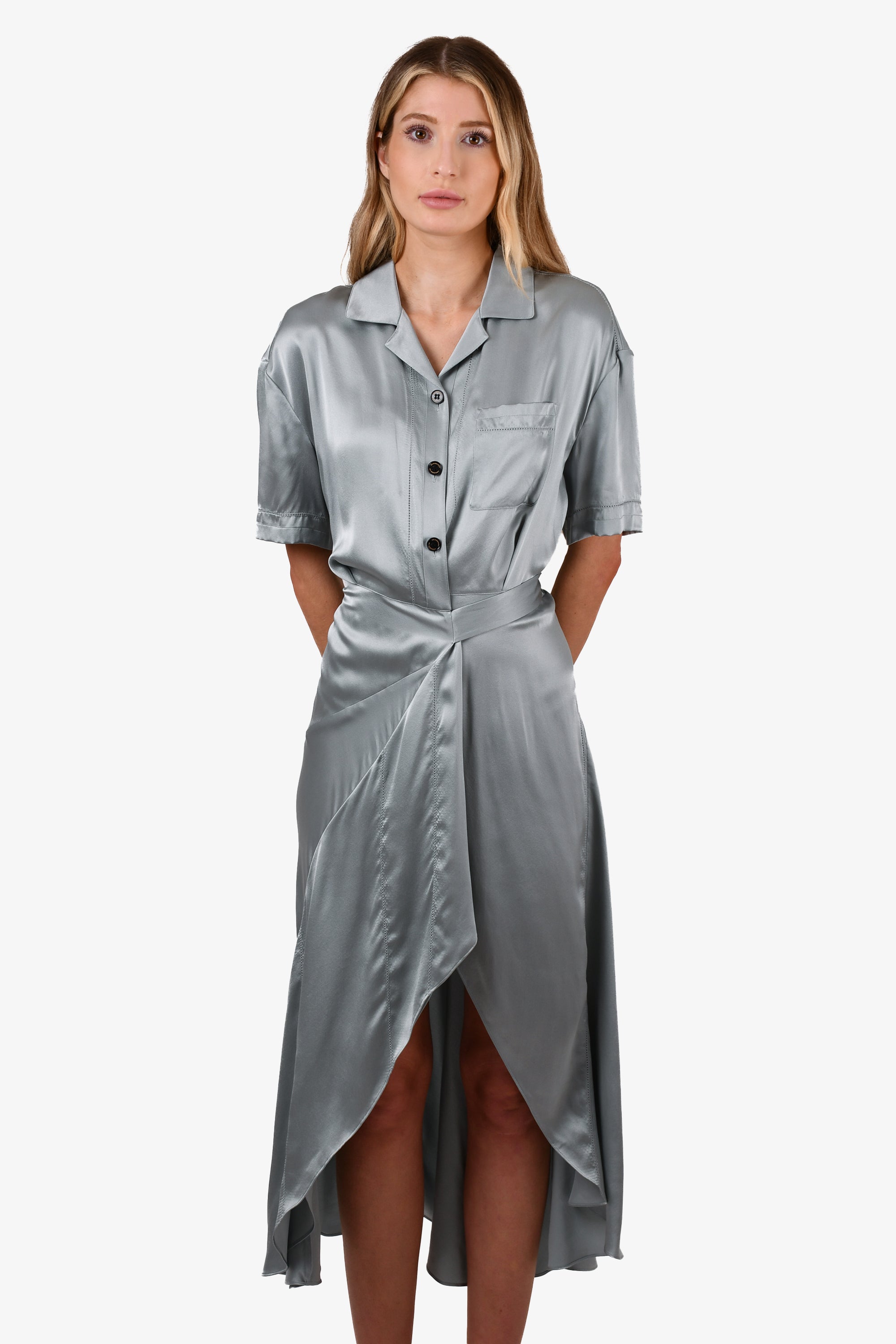 Burberry Blue Silk Button Down Wrap Dress Size 4 – Mine & Yours