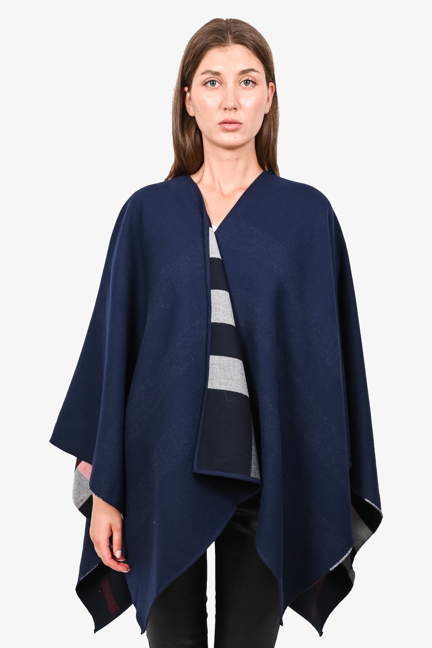 Burberry London Navy Blue/Check Merino Wool Poncho Cape – Mine Yours