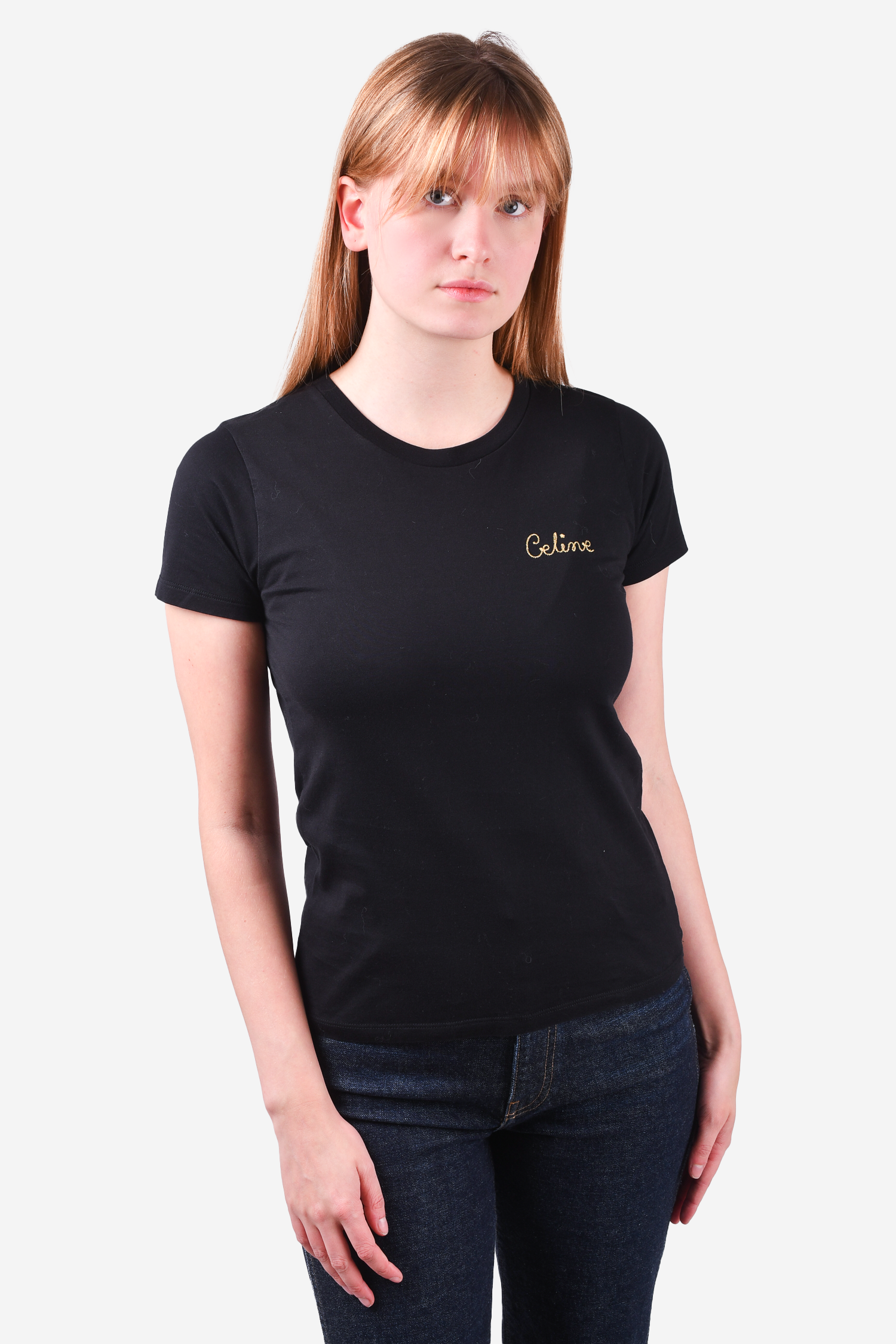 Celine Black T-Shirt with Gold Embroidered Logo Size S – Mine & Yours Celine Black T-Shirt with Gold Embroidered Logo Size S – Mine & Yours