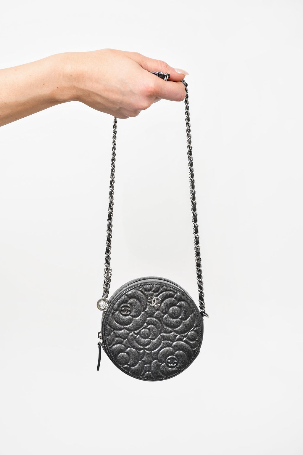 Chanel 2019 Charcoal Metallic Goatskin Camellia Round Chain Crossbody