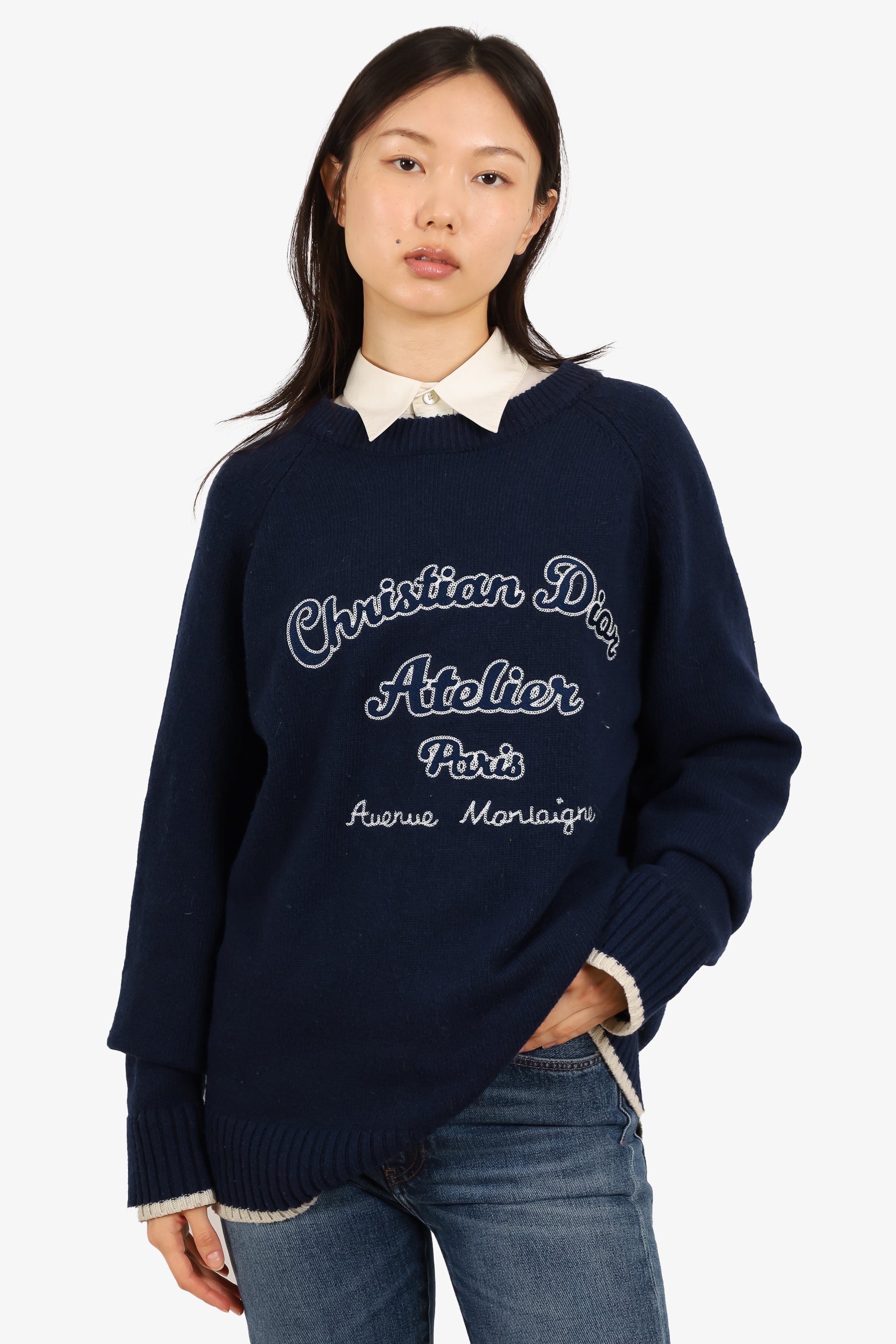 Dior Sweater Blue Christian Dior Navy Blue/White Wool 'Atelier