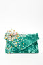 Dries Van Noten Green Crushed Velvet Beaded Design Embellished Clutch