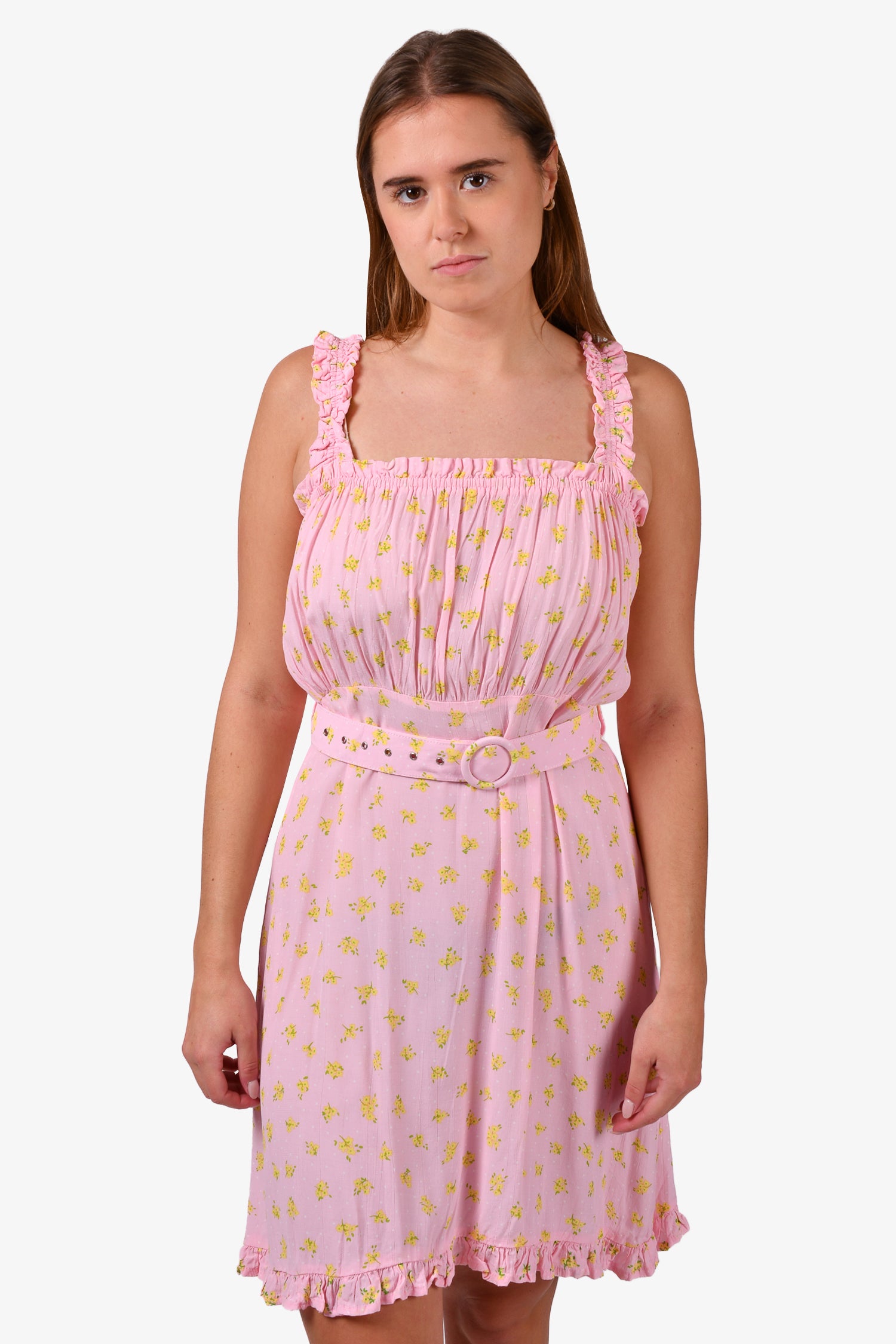 Faithfull The Brand Pink/Yellow Floral Ruffle Strap Mini Dress with Be –  Mine & Yours