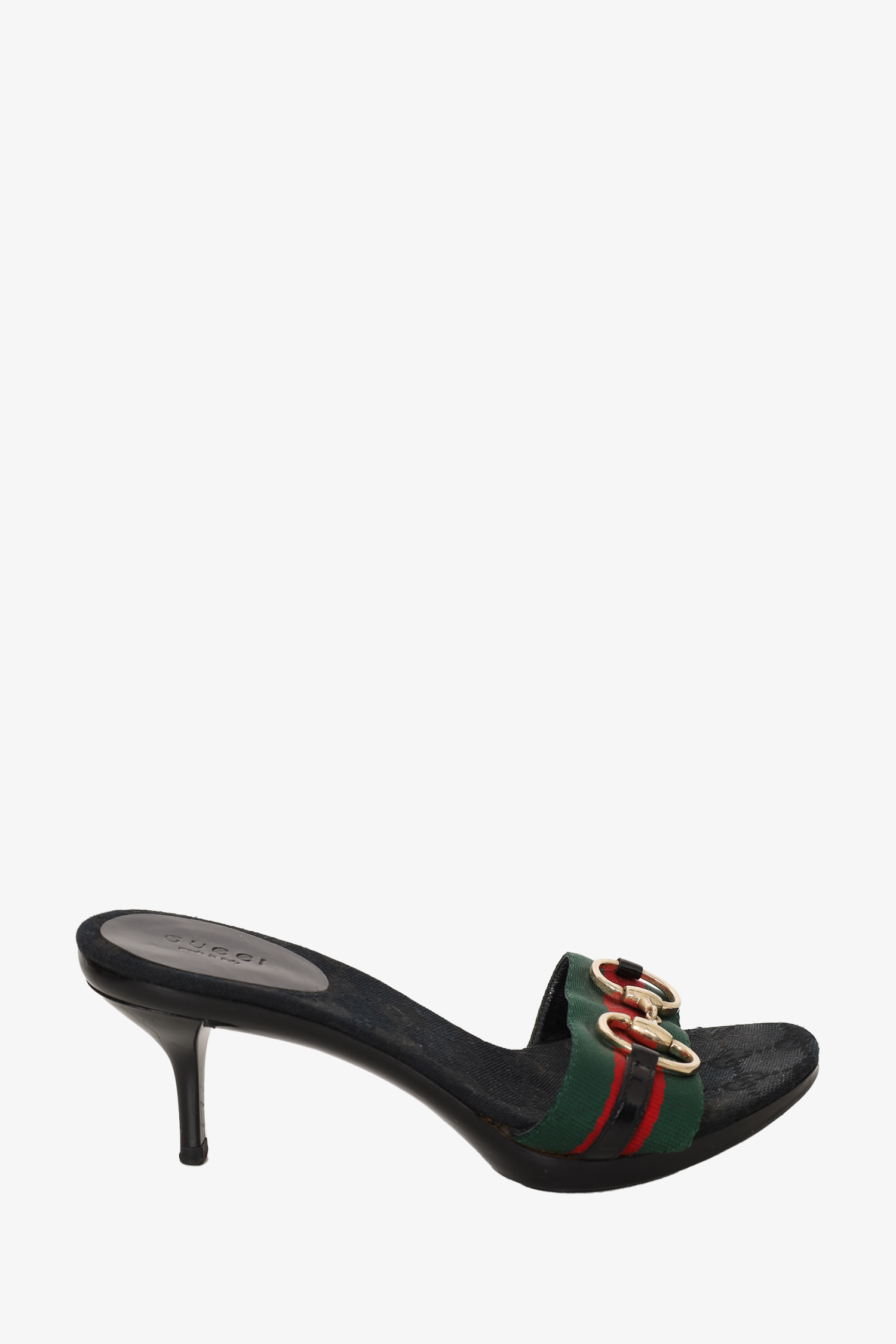 Gucci Black Canvas Horsebit Web Stripe Kitten Heel Mules Size 6.5 
