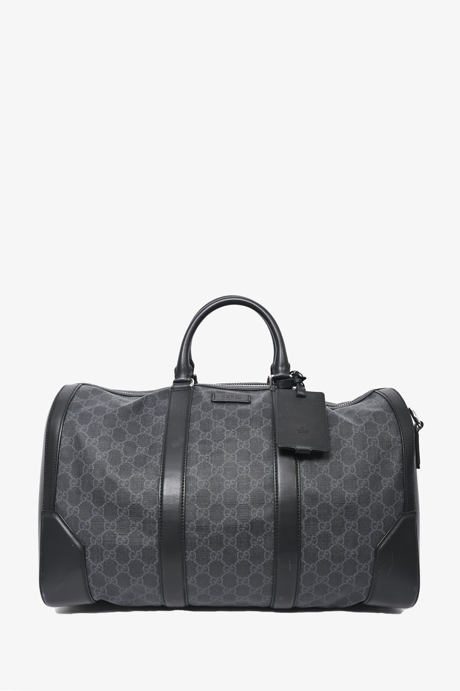 Gucci Black GG Supreme Carry On Duffle Bag with Web Strap
