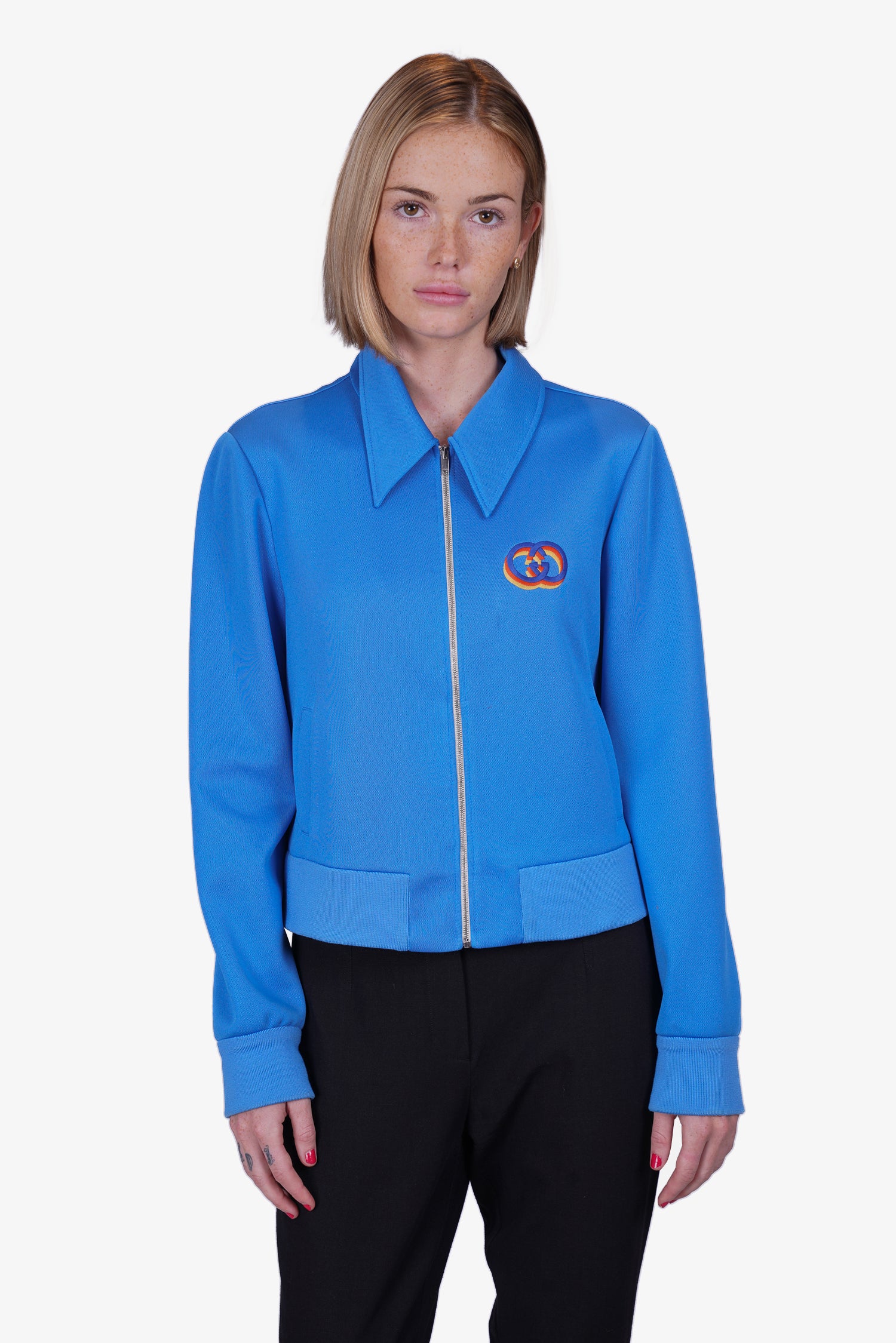 Gucci Blue Tiger Embroidery Interlocking GG Zip-up Jacket Size L 