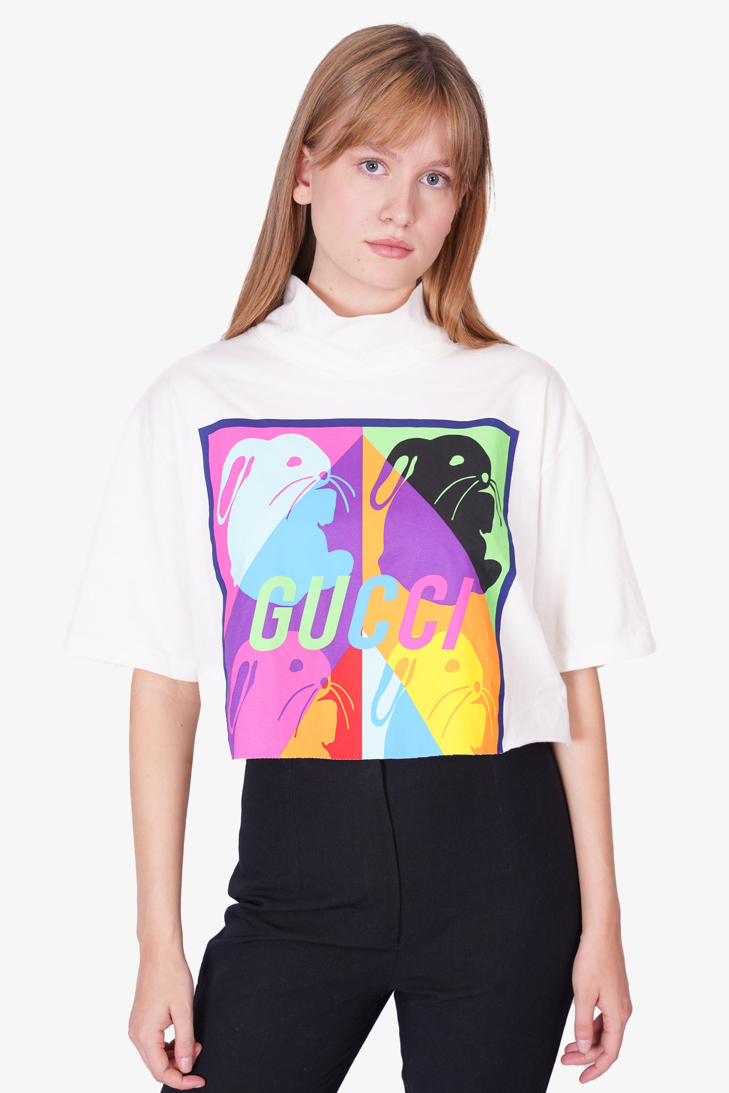 Gucci White Cropped Mock Neck T-Shirt with Rabbit Graphic Size M