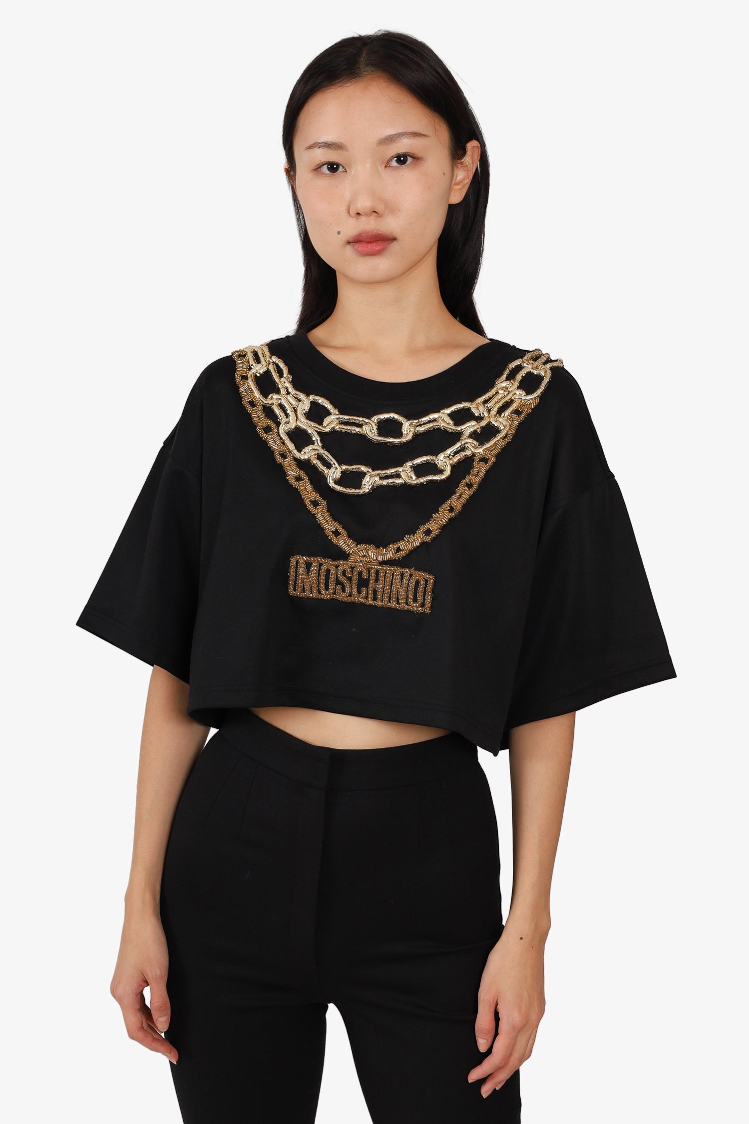 H&Moschino Black Chain Embellished Cropped T-Shirt Size M – Mine