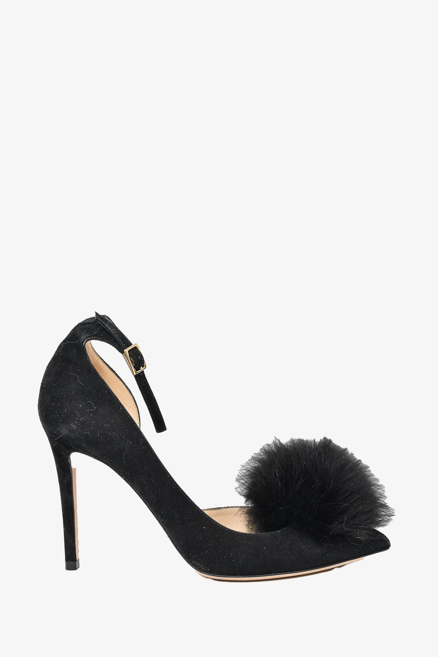 Jimmy Choo Black Suede Detachable Pom Pom Strap Heel Size 36 Mine Yours