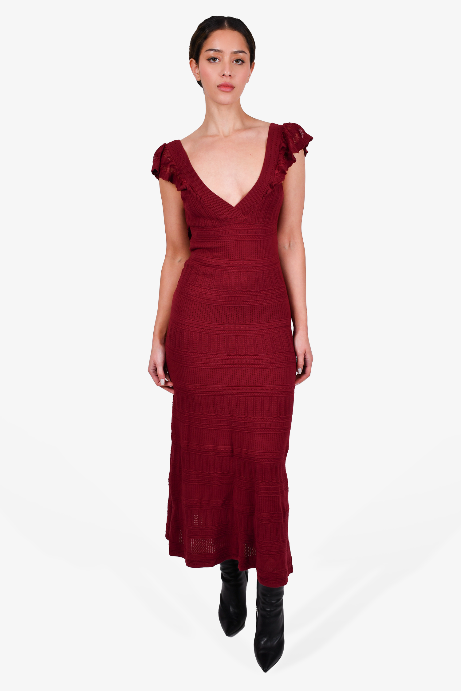 fitted lace wedding dress La Maille Sezane Red Knit Ruffle Detail Sleeveless Dress Size M – Mine &  Yours