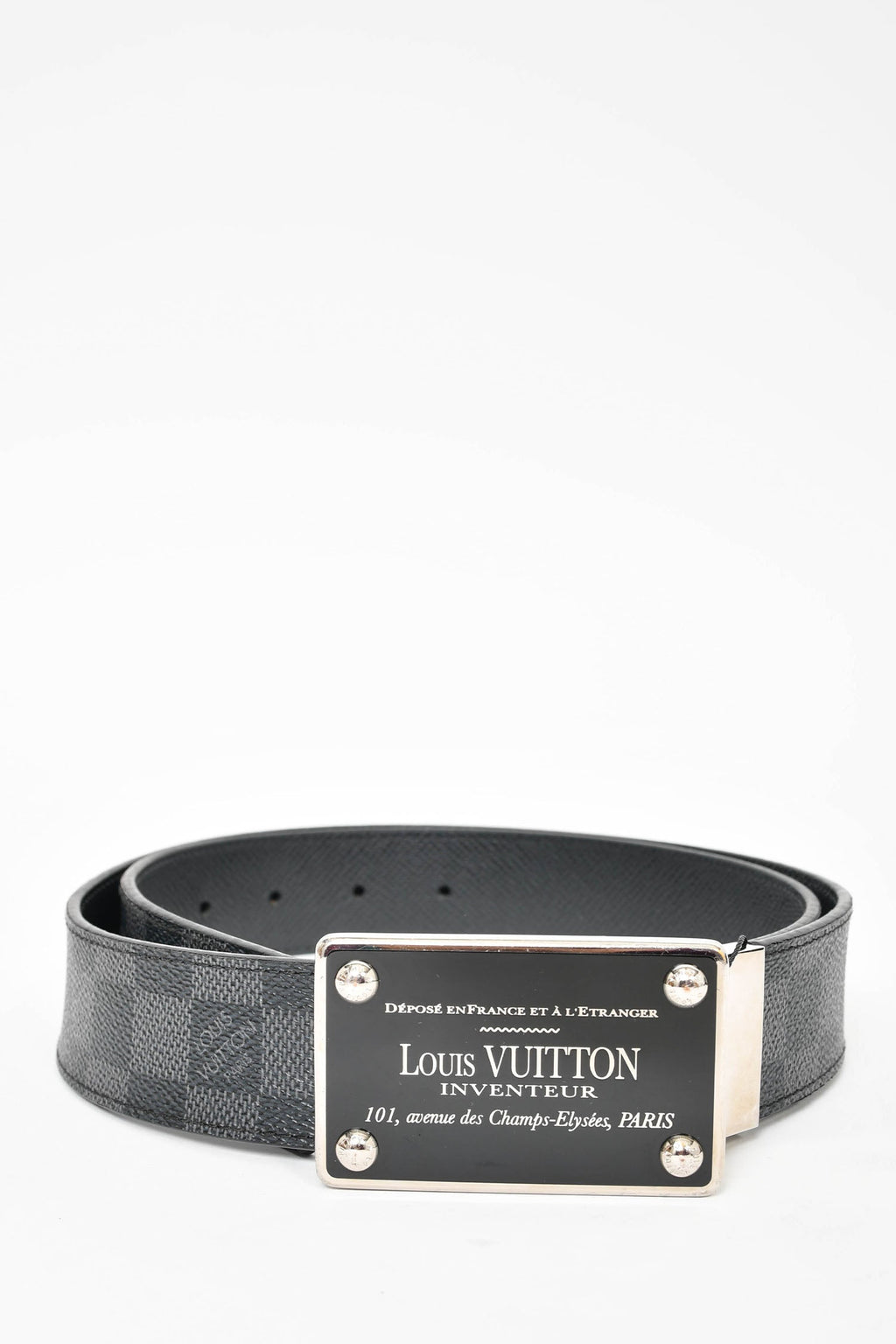 Louis Vuitton Graphite Damier 'Inventeur' Plaque Belt sz 90 – Mine