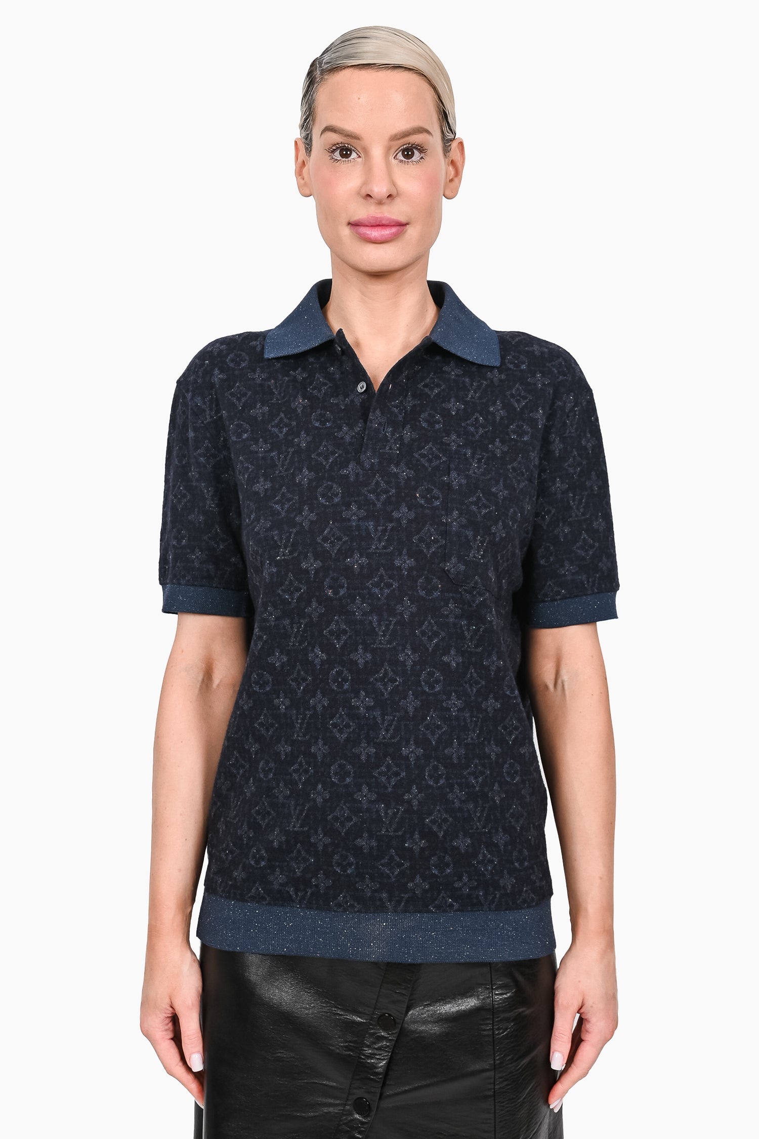 Louis Vuitton Navy Blue Monogram Wool/Silk/Cotton Polo Top Size L