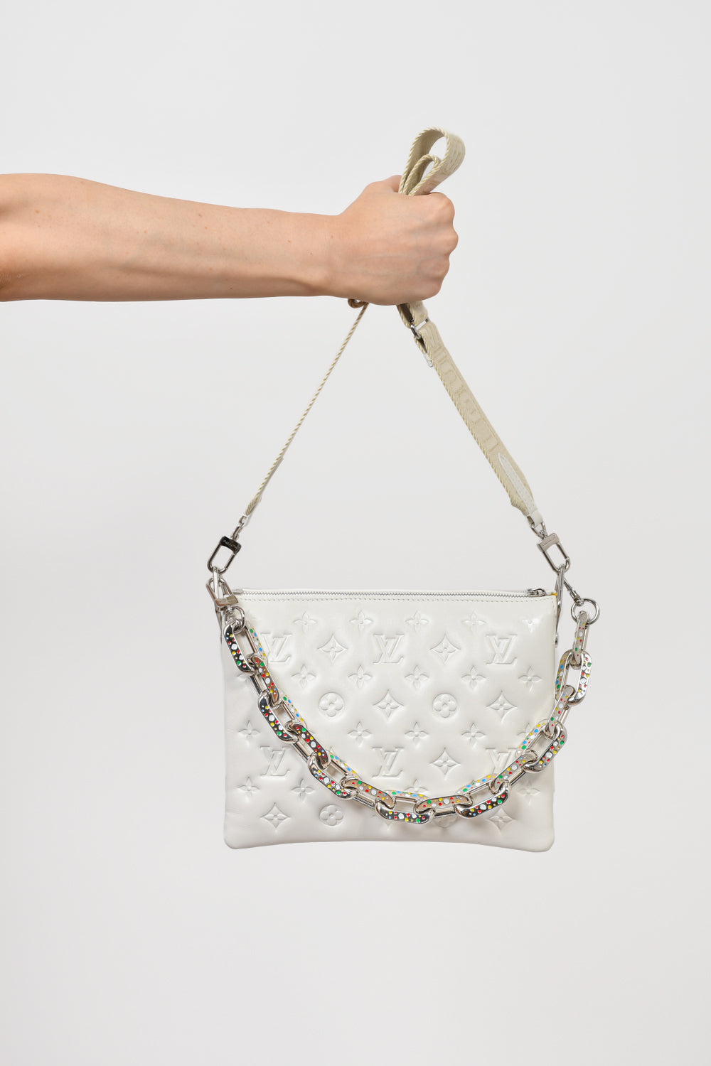 Louis Vuitton X YK White Leather Monogram Coussin PM Chain Shoulder Bag