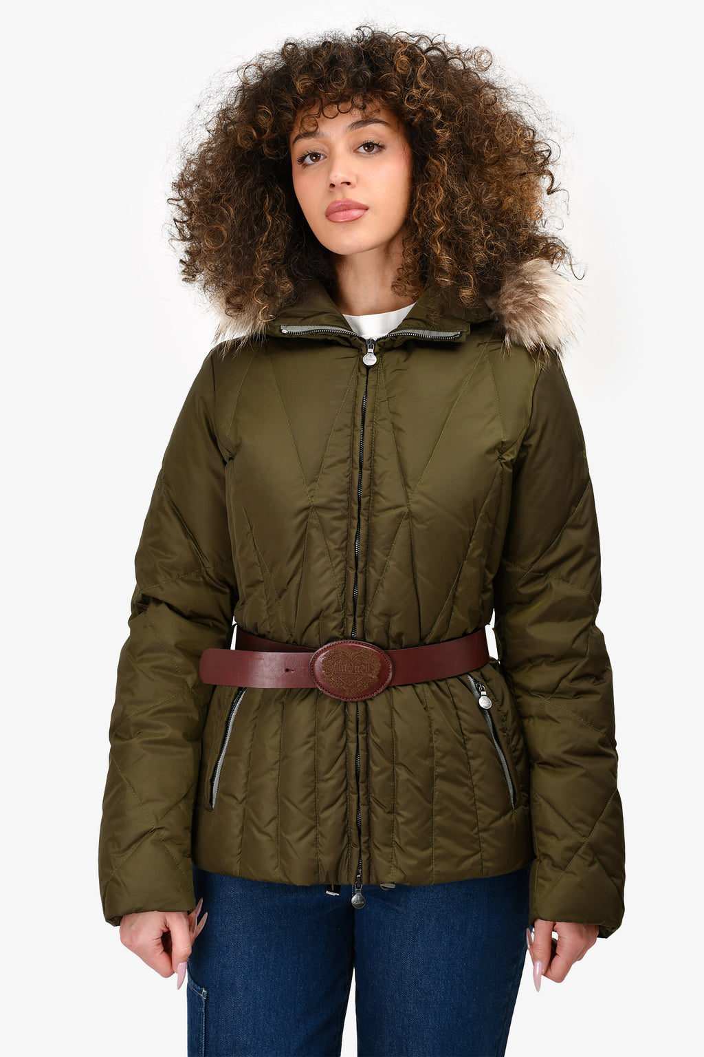 Authier Green Down Coat with Brown Leather Belt Waist Size 42 Mine