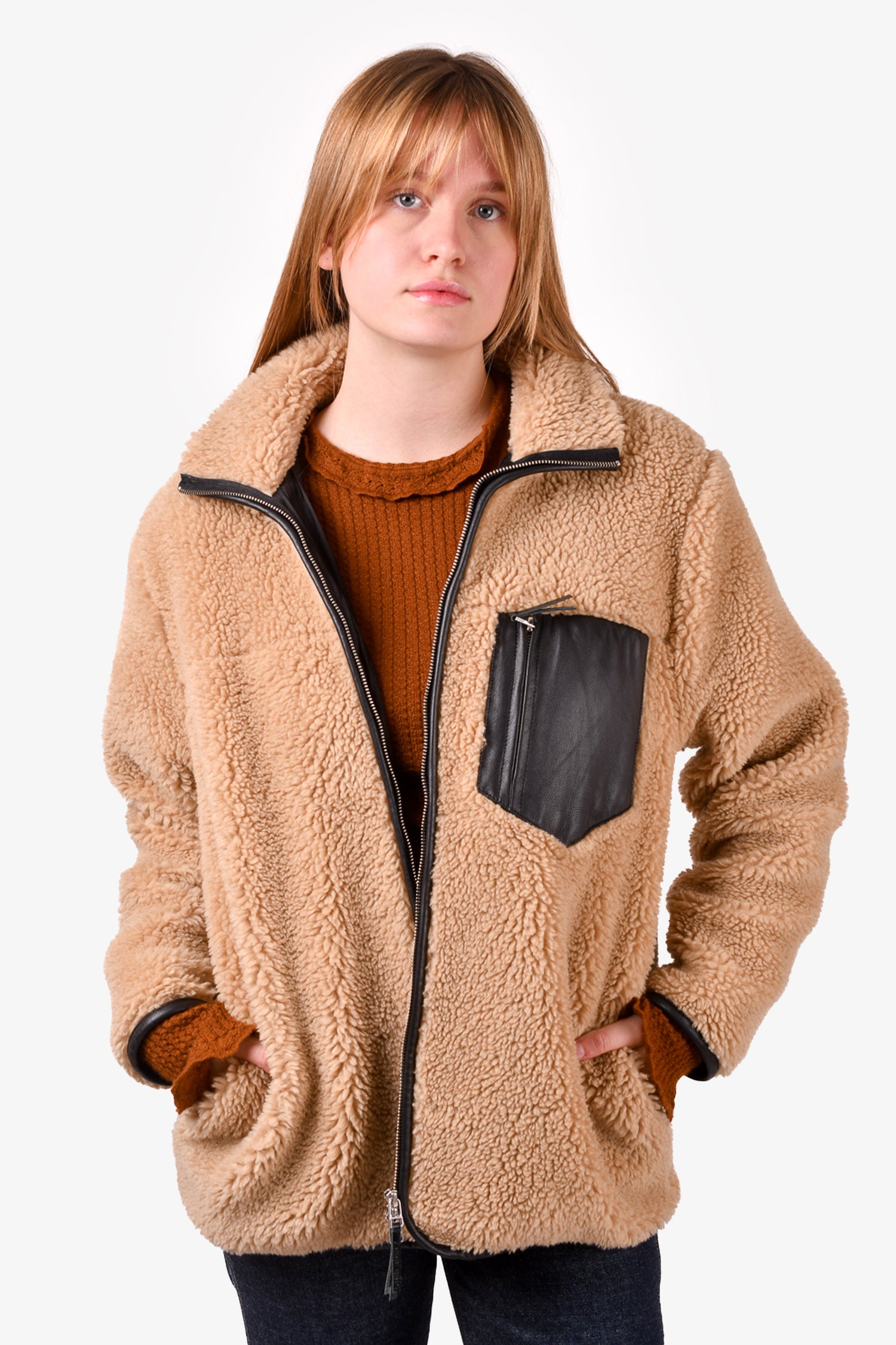 Anine Bing Brown Sherpa Zip-Up 'Ryder' Jacket with Faux Leather