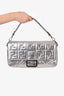 Fendi Silver Metallic Zucca Print Front Flap Baguette Shoulder Bag with Strap