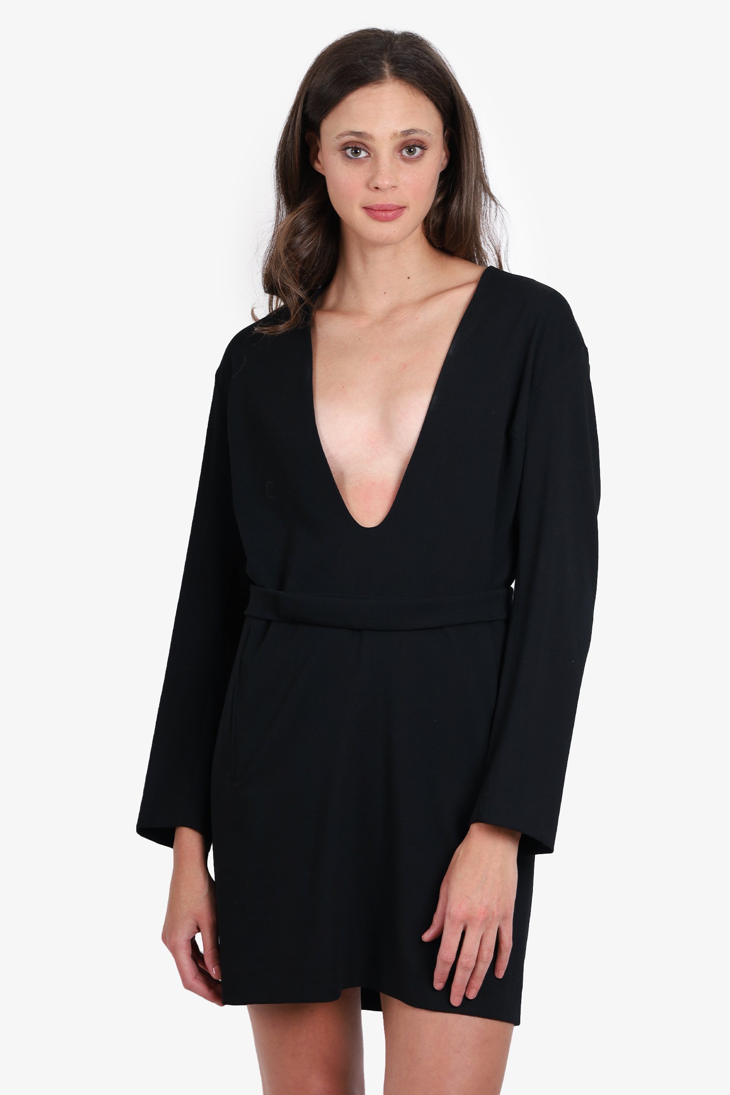 Jil Sander Black Wool Long Sleeve V Neck Short Dress Size 40 – Mine & Yours