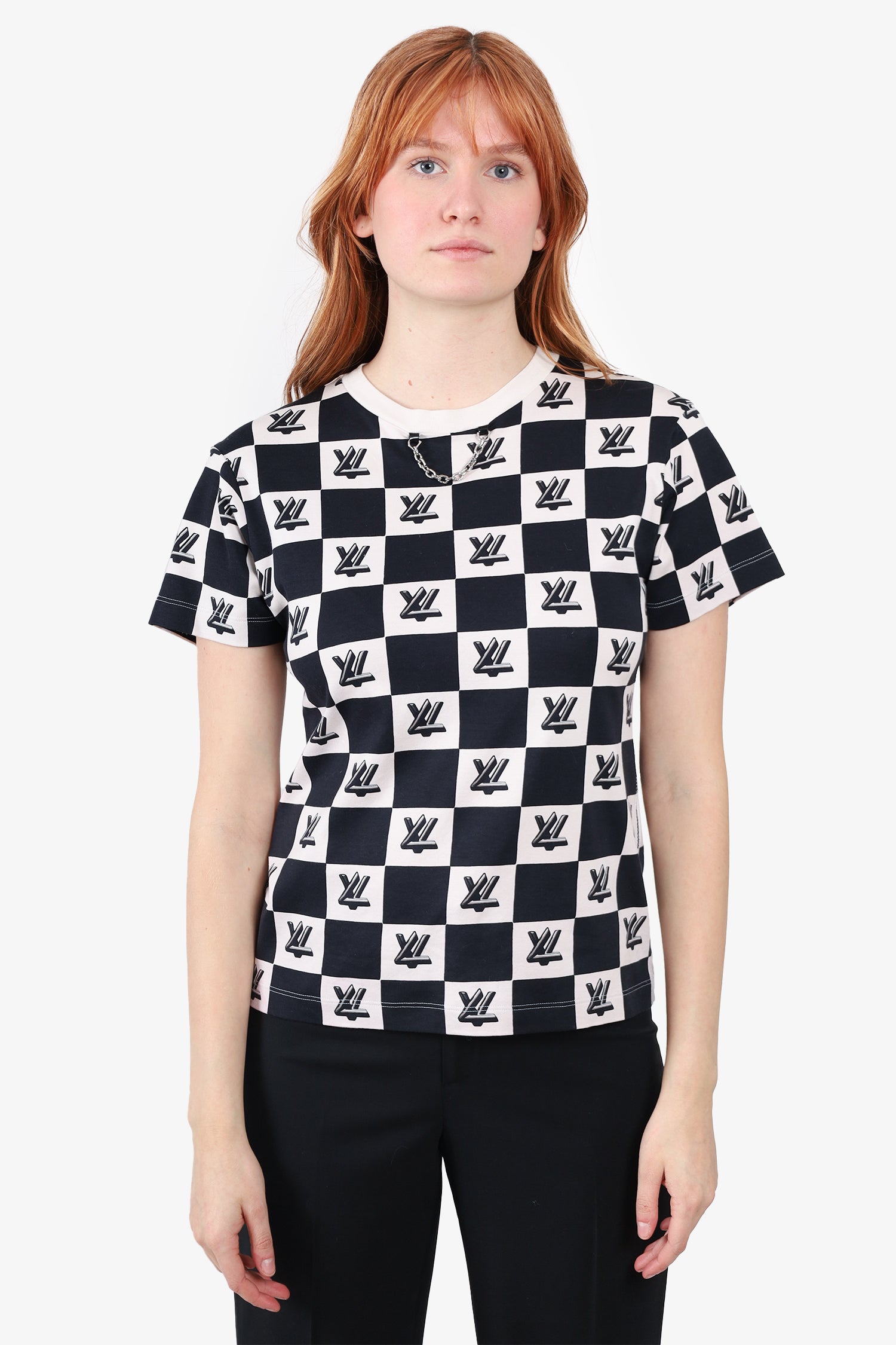 Louis Vuitton White/Black Check LV Twist Chain Front T-Shirt Size