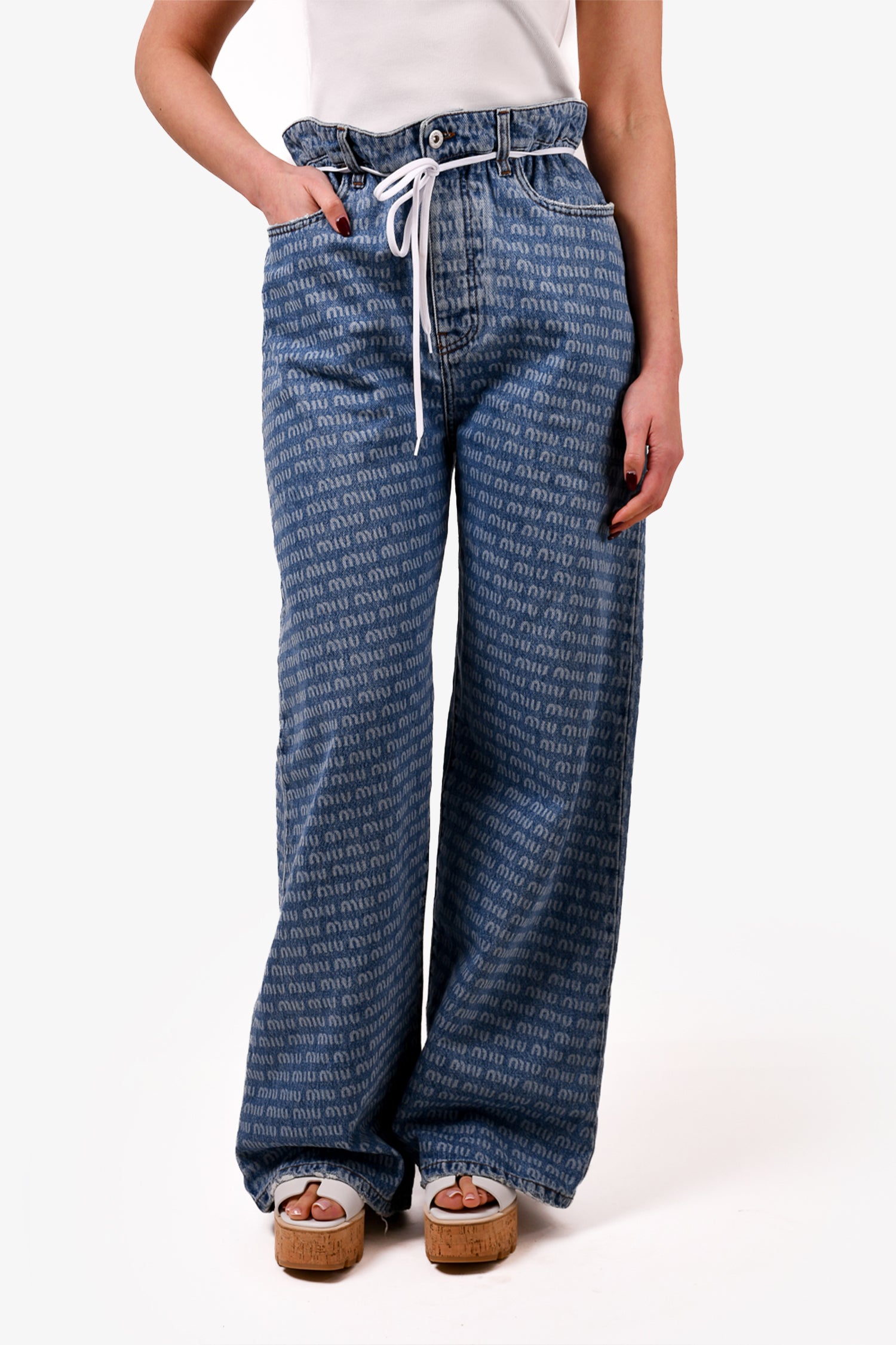 Miu Miu 2021 Denim Logo Printed Wide Leg Jeans Size 24 – Mine & Yours