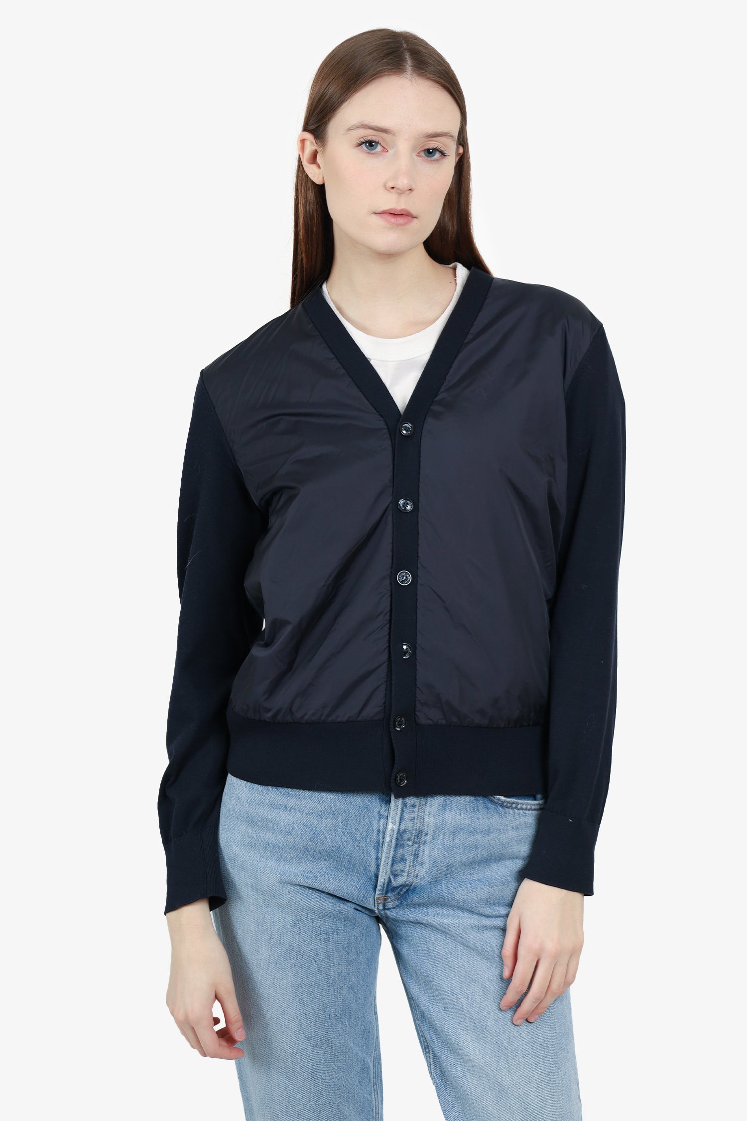 skMONCLER CARDIGAN TRICOT　S Moncler Navy Nylon/Wool Tricot Cardigan Size S – Mine & Yours