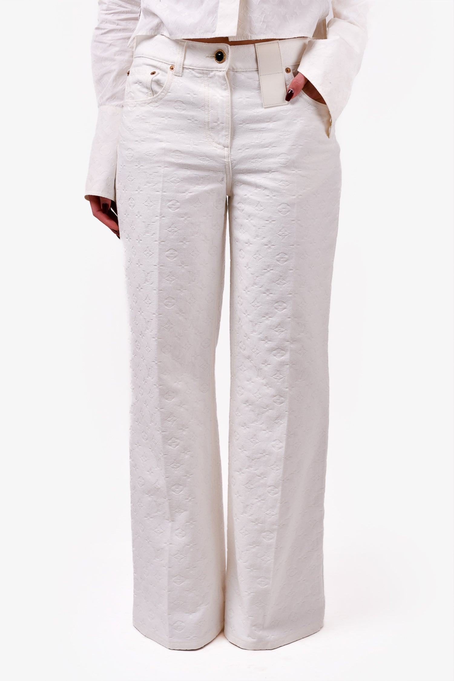 Louis Vuitton White Denim Monogram Wide Legged Jeans Size 38
