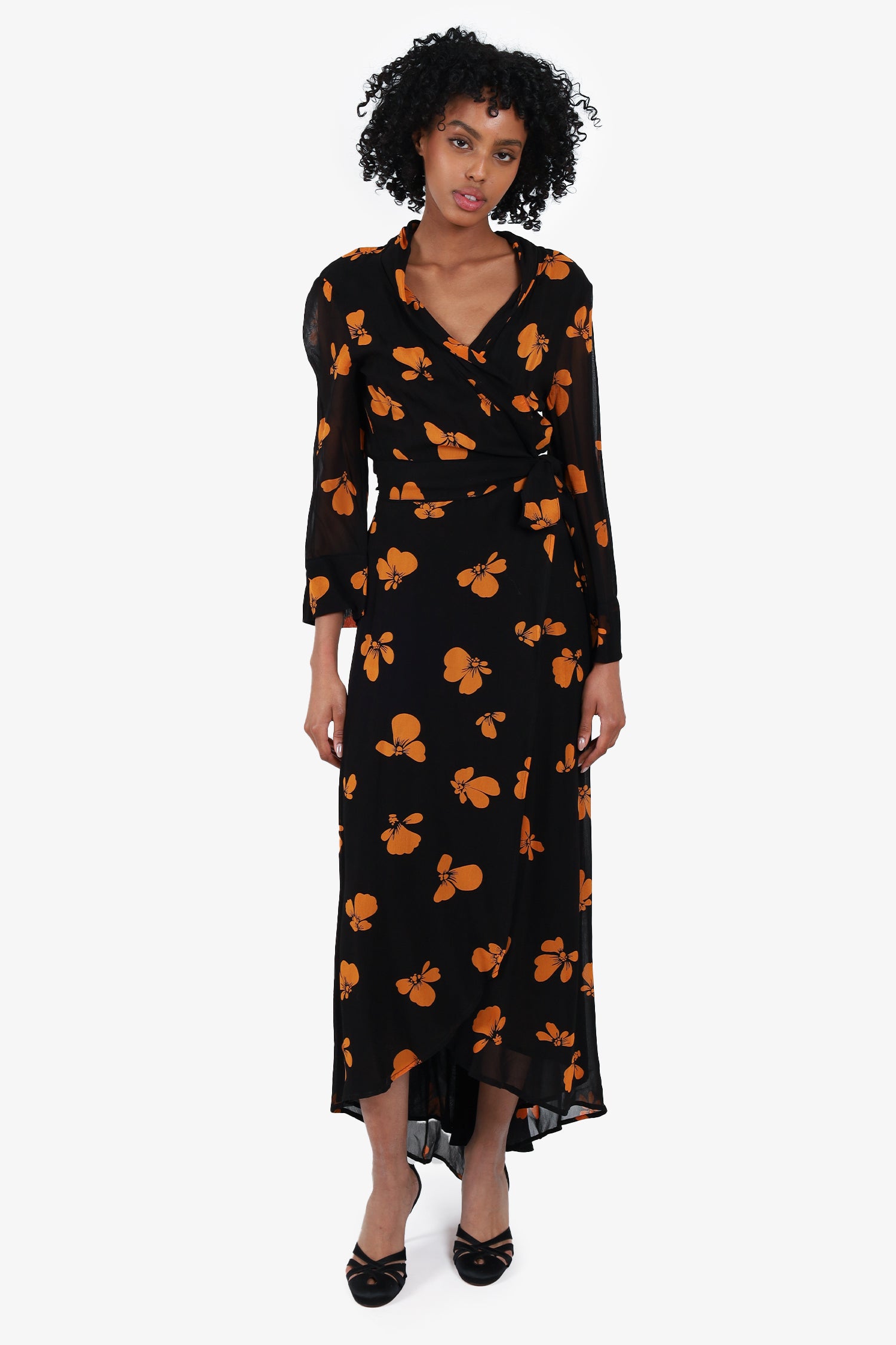Ganni Black/Orange Floral Print Wrap Dress Size 36 Mine & Yours Ganni Black/Orange Floral Print Wrap Dress Size 36 Mine & Yours