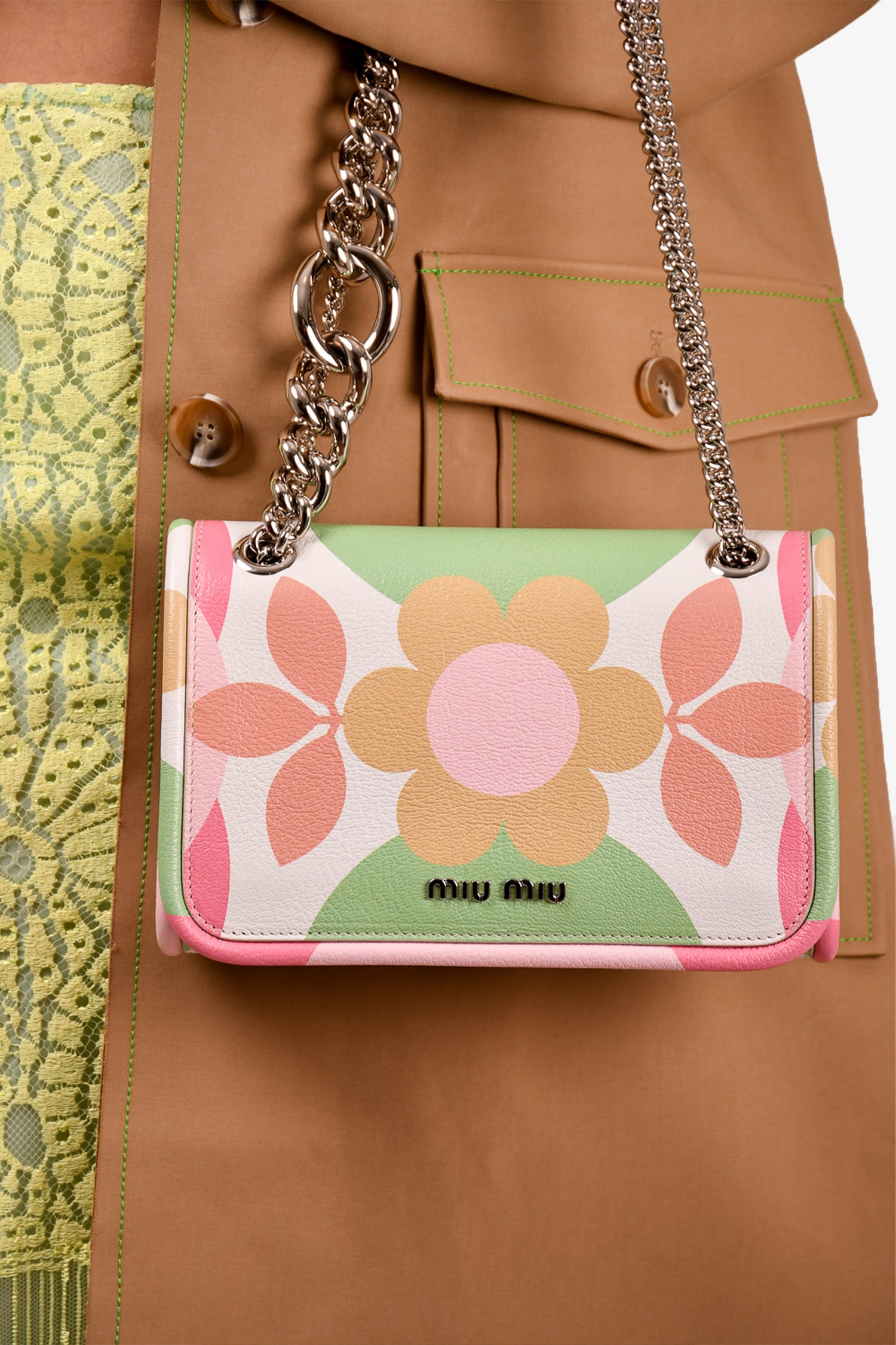 Miu Miu Green/Pink Floral Print Silver Chain Bag – Mine & Yours