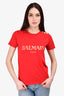 Balmain Red And Gold Logo Printed Button T-Shirt Size 34