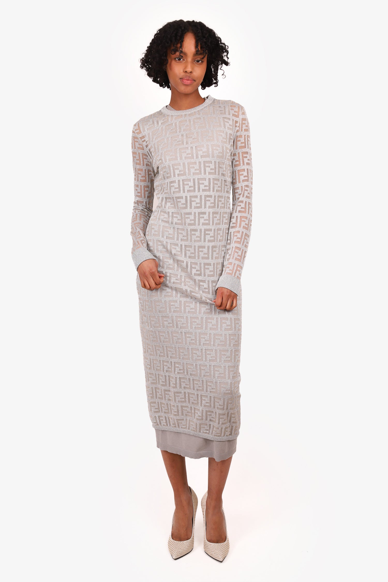 silver fendi dress FENDI Kids Girls Fendirumi Piro-Chan Silver Party Dress