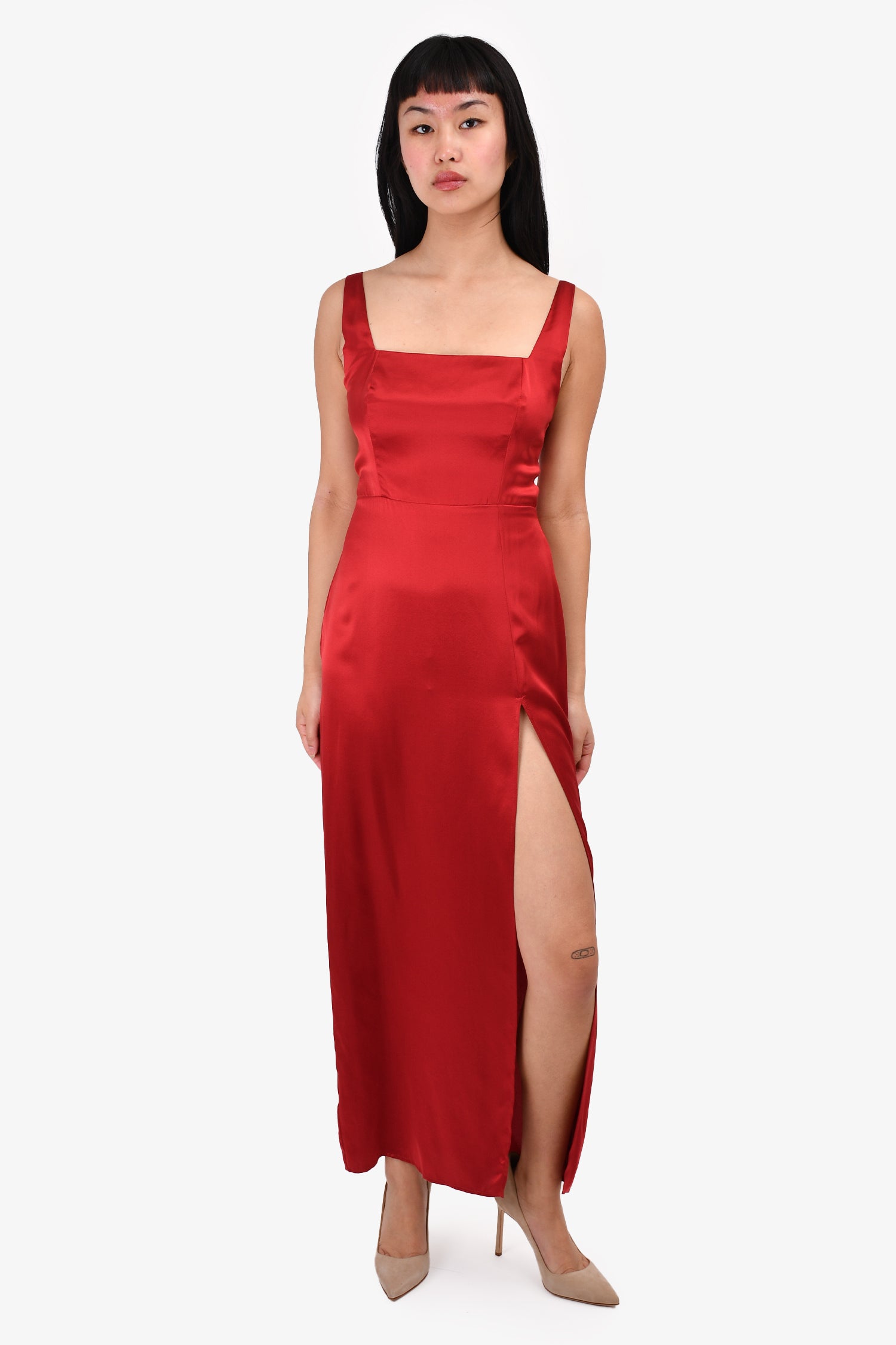 reformation red silk dress Reformation Red 100% Silk Dress, Side Split With Ruffles