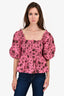 Ganni Pink Patterned Rouched Puff Sleeve Top sz 36