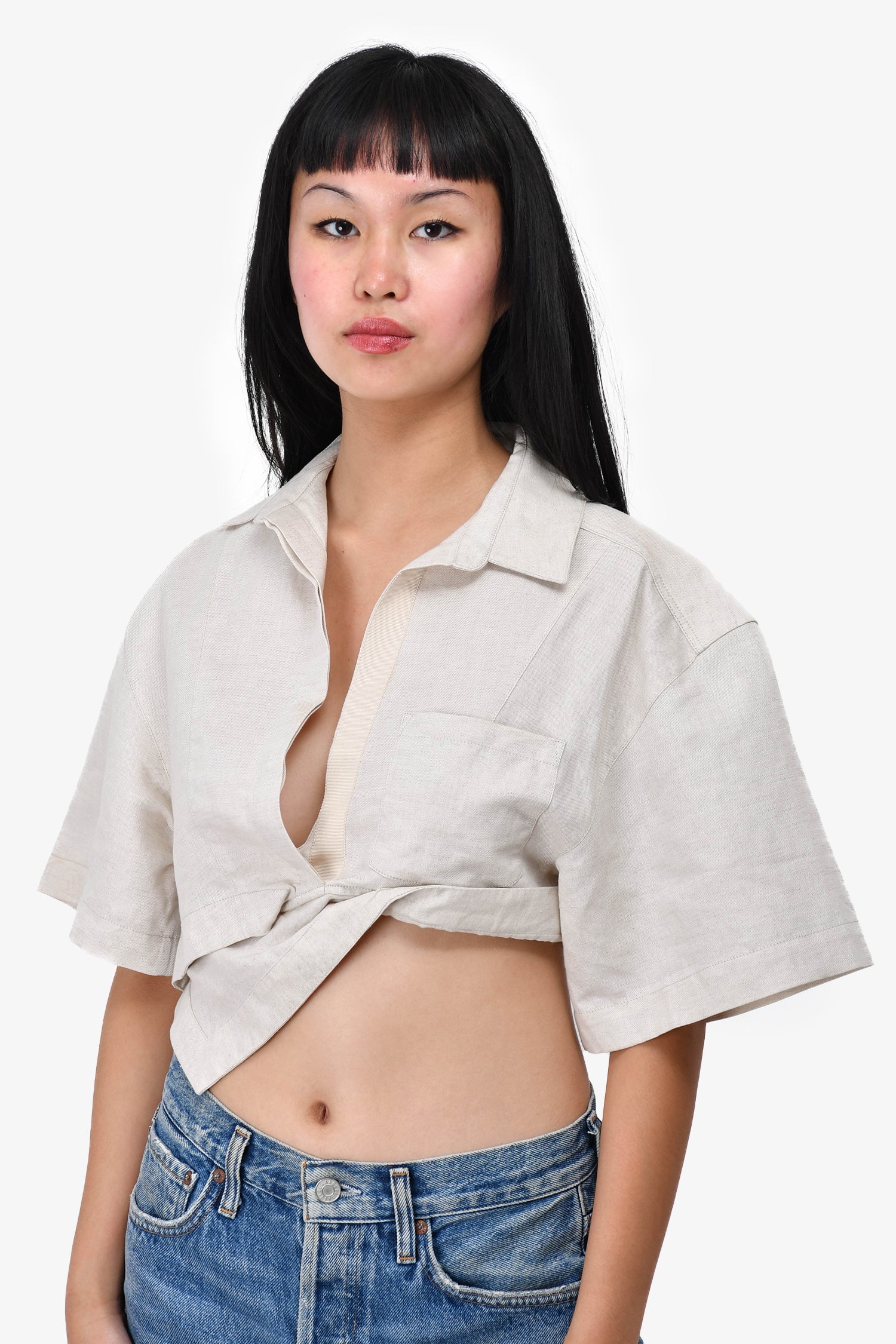 Jacquemus Beige Cotton/Linen 'Le Splash Capri' Cropped Shirt Size