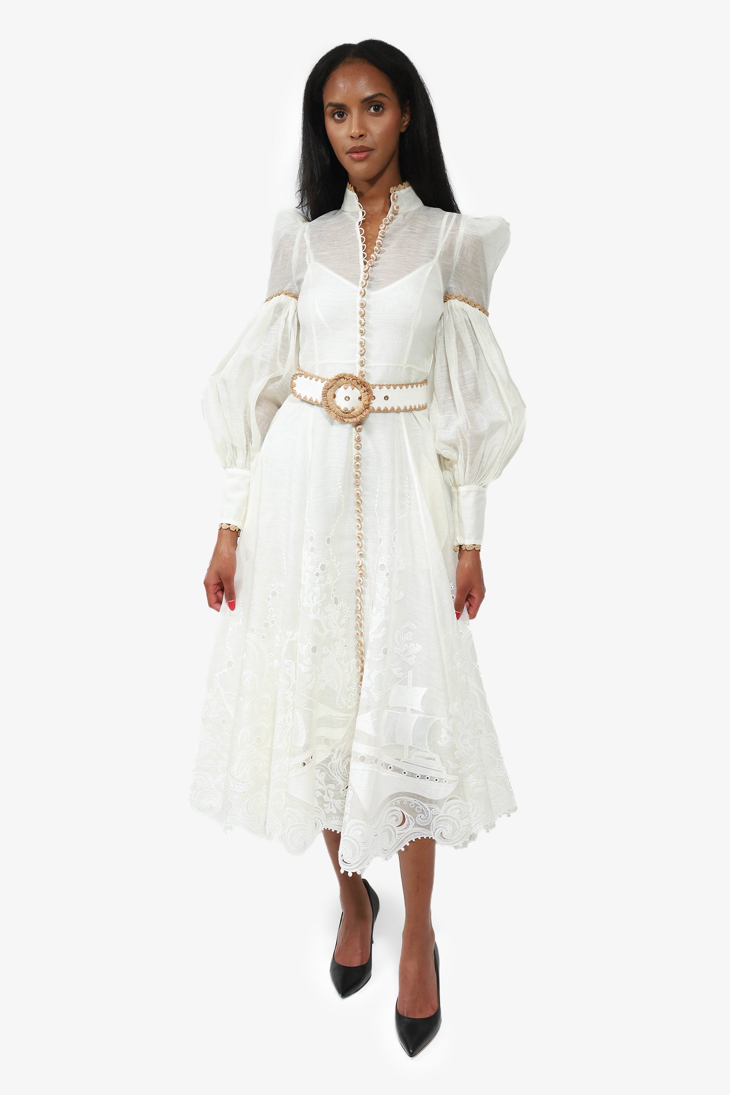 Zimmermann White Linen/Silk Postcard Belted Broderie Anglaise Midi