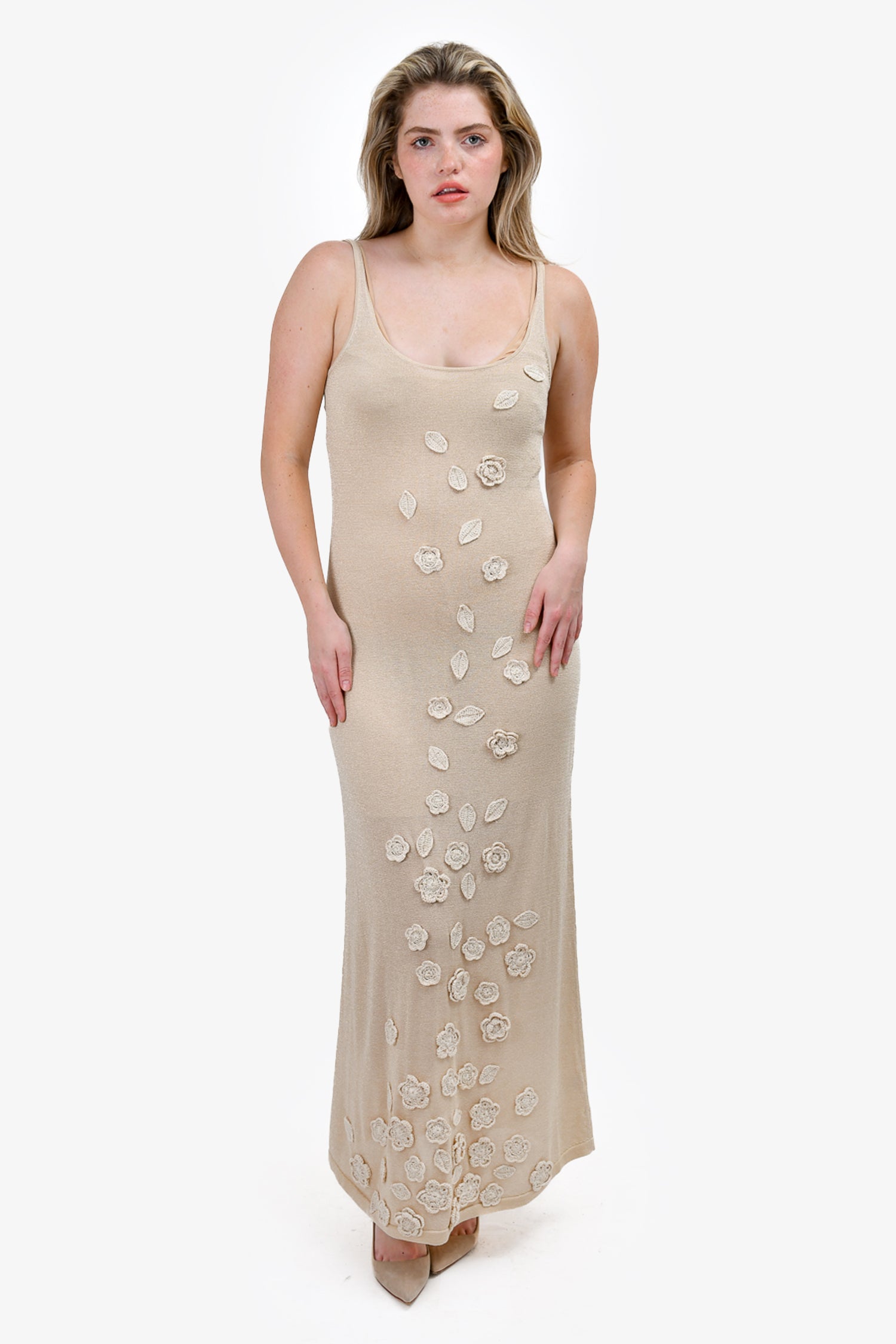 Caroline Constas Gold Shimmer Knit Floral Maxi Dress Size L Mine & Yours Caroline Constas Gold Shimmer Knit Floral Maxi Dress Size L Mine & Yours