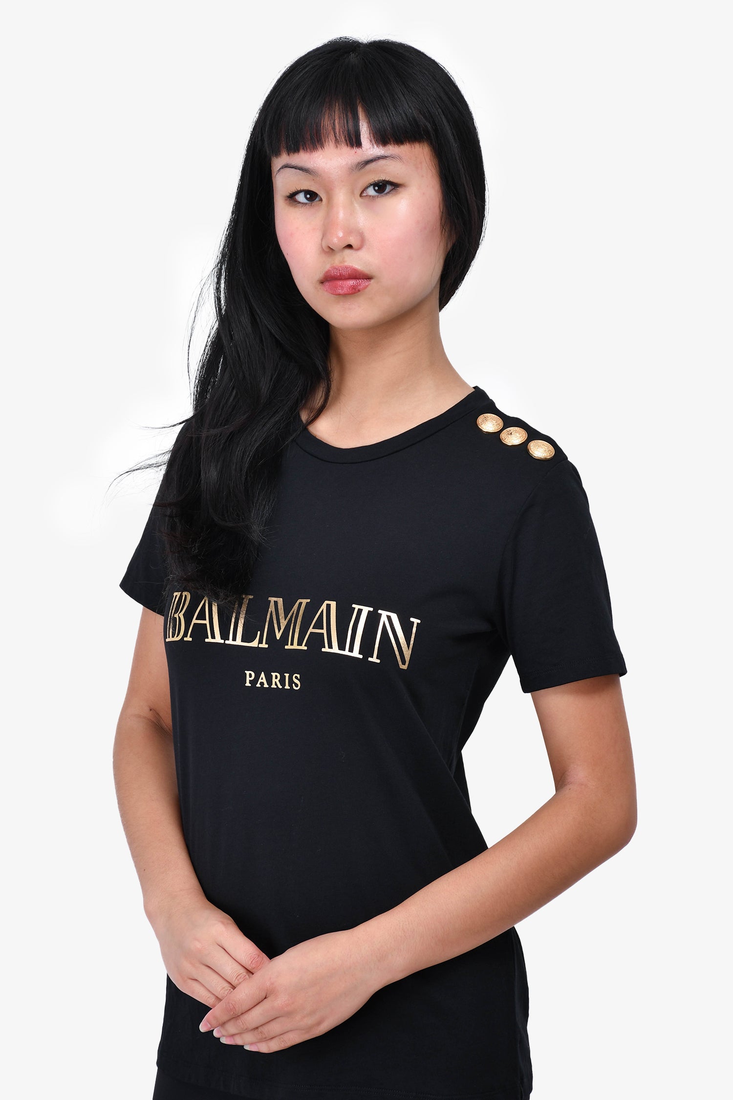Balmain Black/Gold Button Detail Logo T-Shirt Size 34 – Mine & Yours