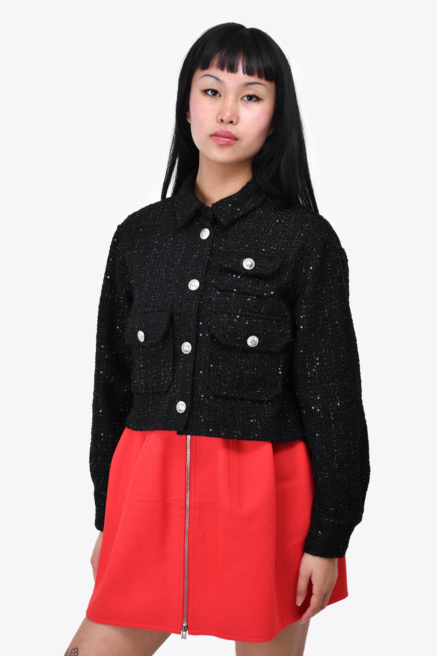 Maje Black Tweed Sequin Embellished Cropped Jacket Size 1 Mine Yours maje-black-tweed-sequin-embellished-cropped-jacket-size-1-mine-yours