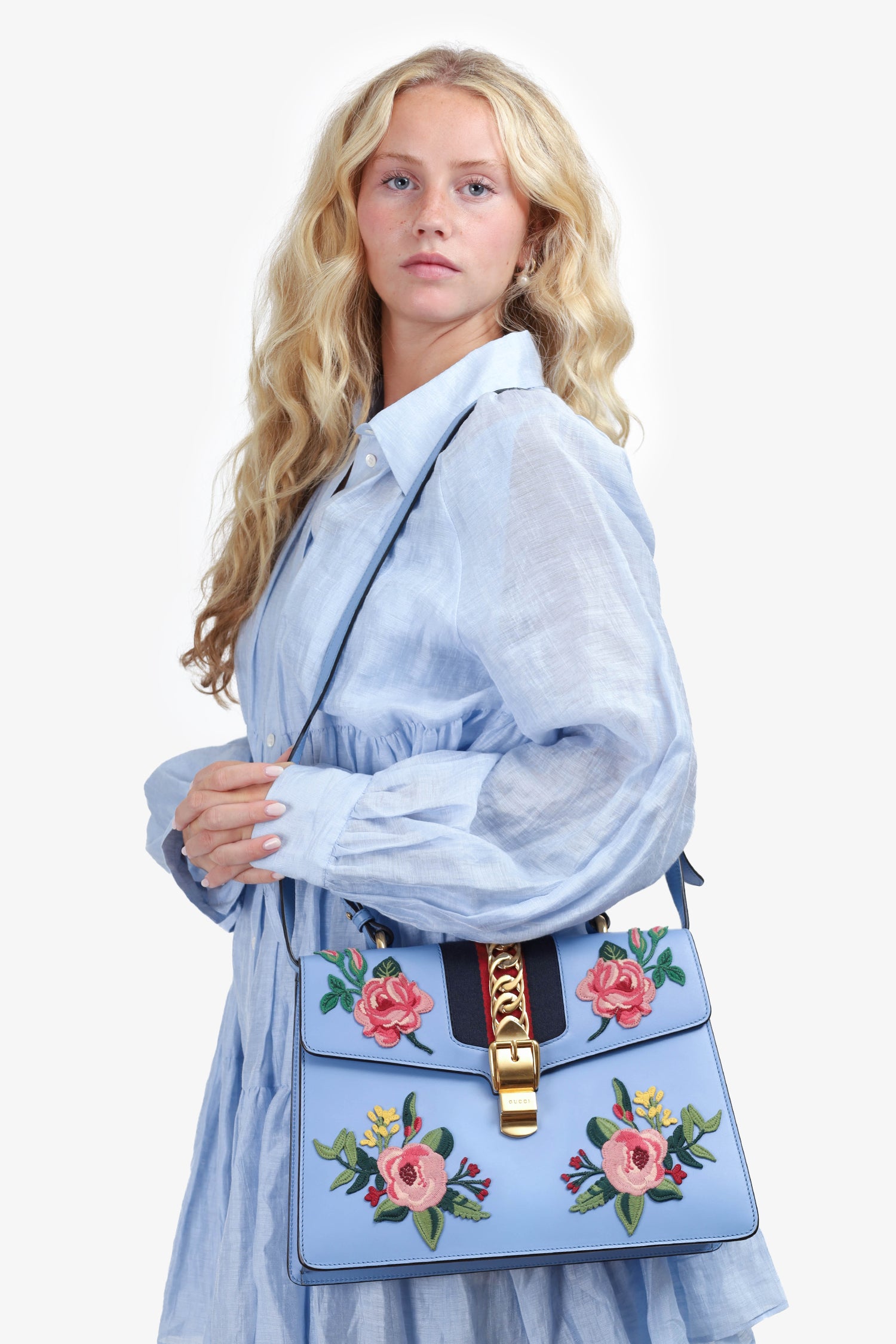 Gucci Blue Leather Embroidered Sylvie Top Handle with Strap – Mine