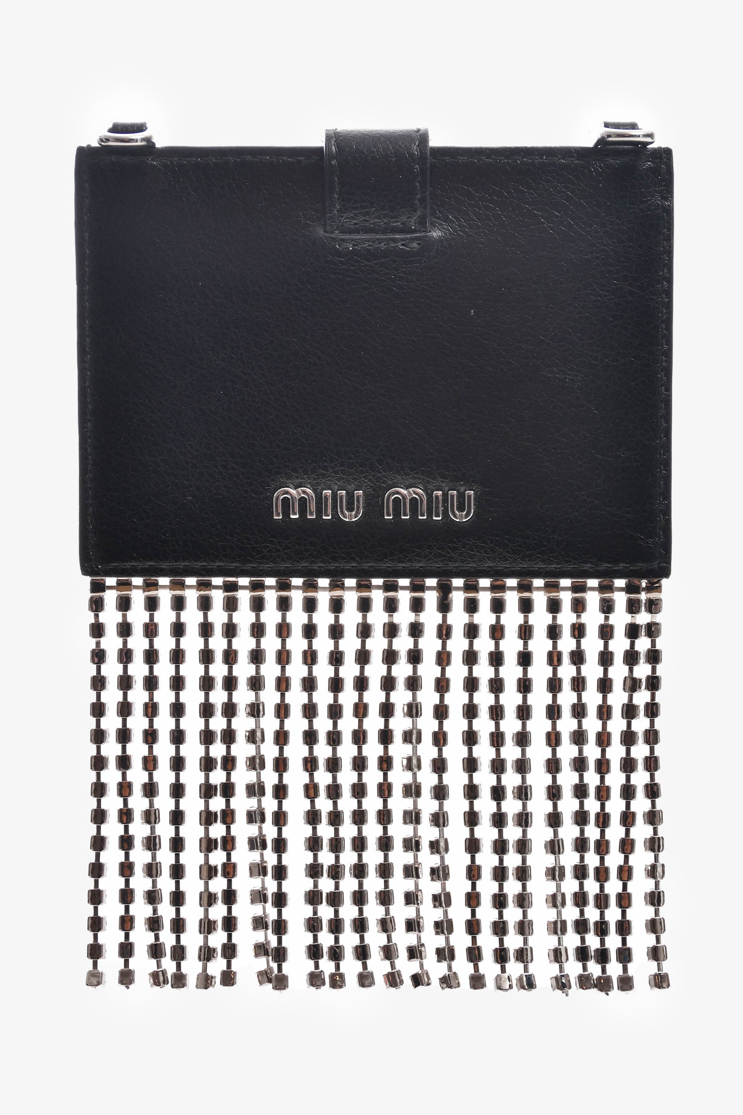 Miu Miu Black Leather Crystal Embellished Fringe Card Holder With
