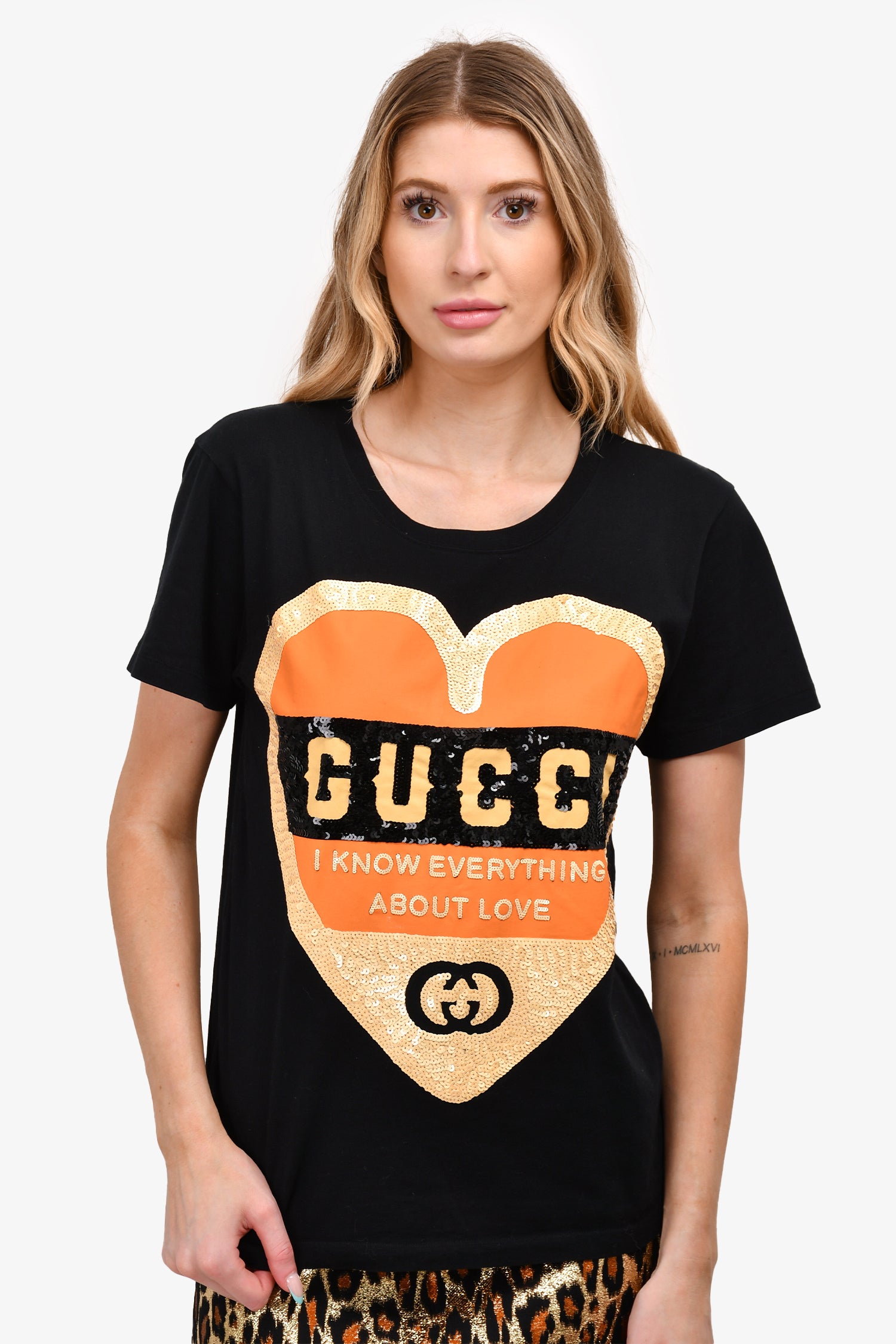 Gucci Black Sequin Logo Heart Shaped T-Shirt Size XXS – Mine