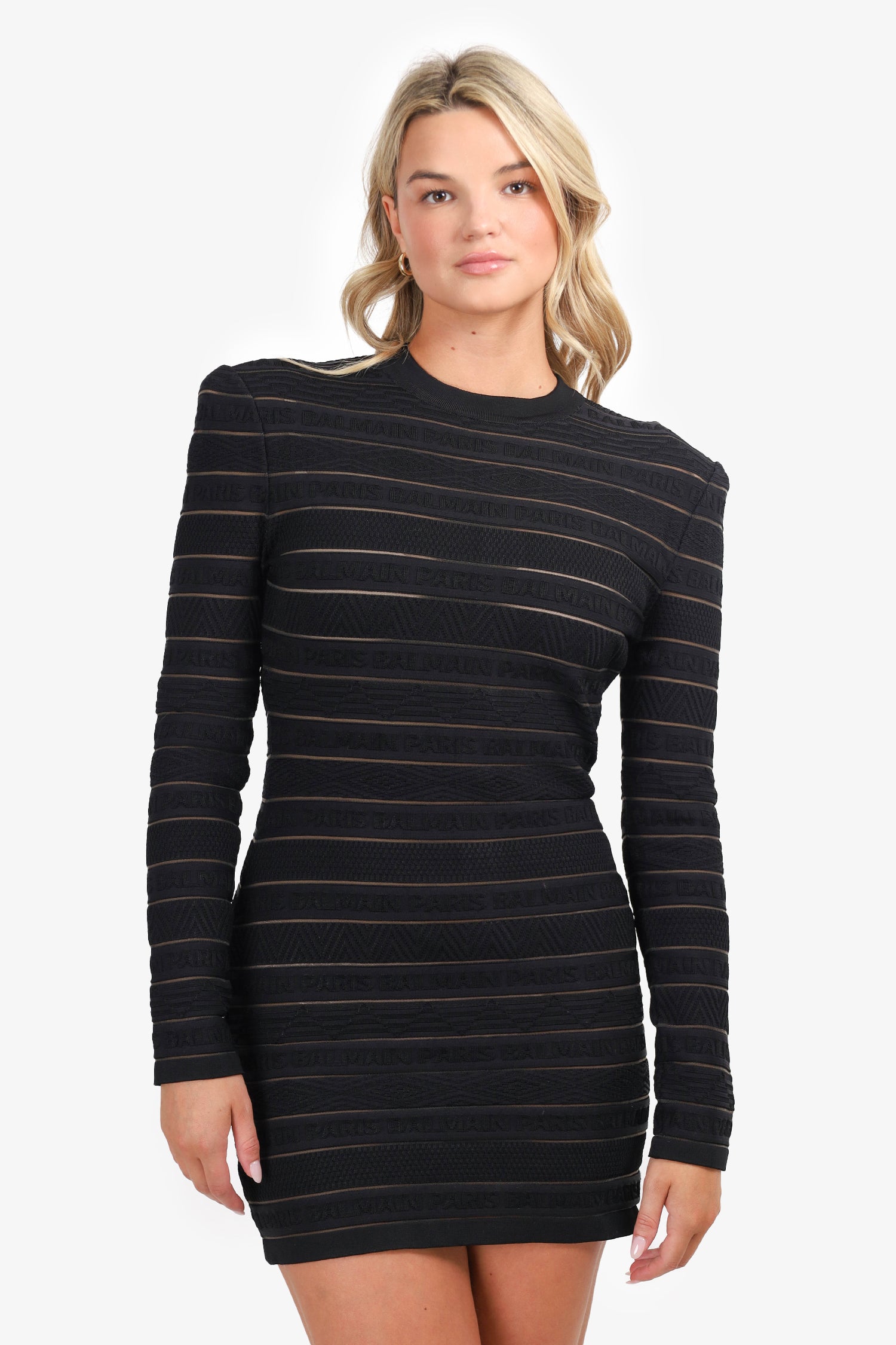 Balmain Black Logo Mesh Striped Long Sleeve Mini Dress Size 42 Balmain Black Logo Mesh Striped Long Sleeve Mini Dress Size 42