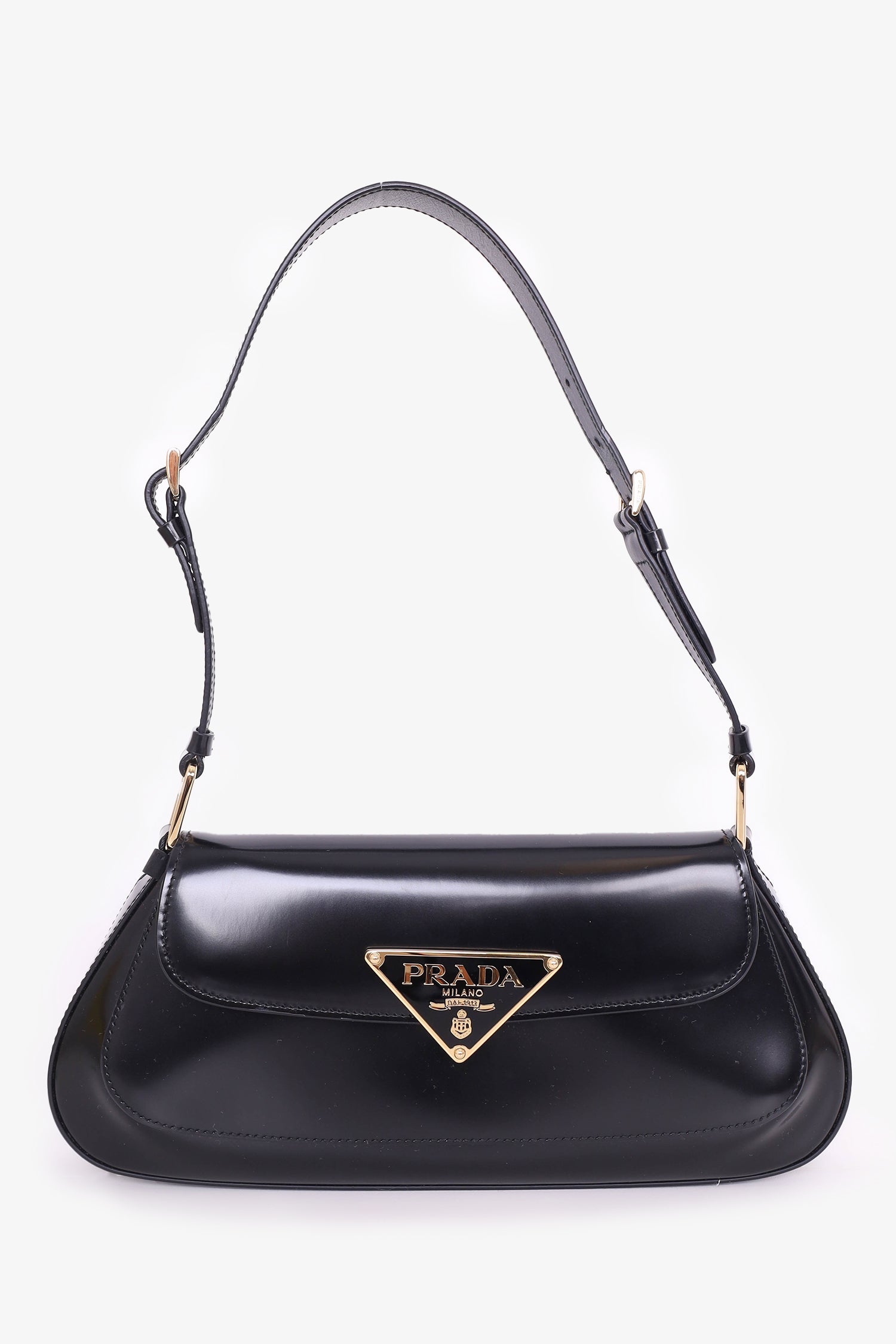 Prada Black Calf Leather Cleo Logo Plaque Shoulder Bag