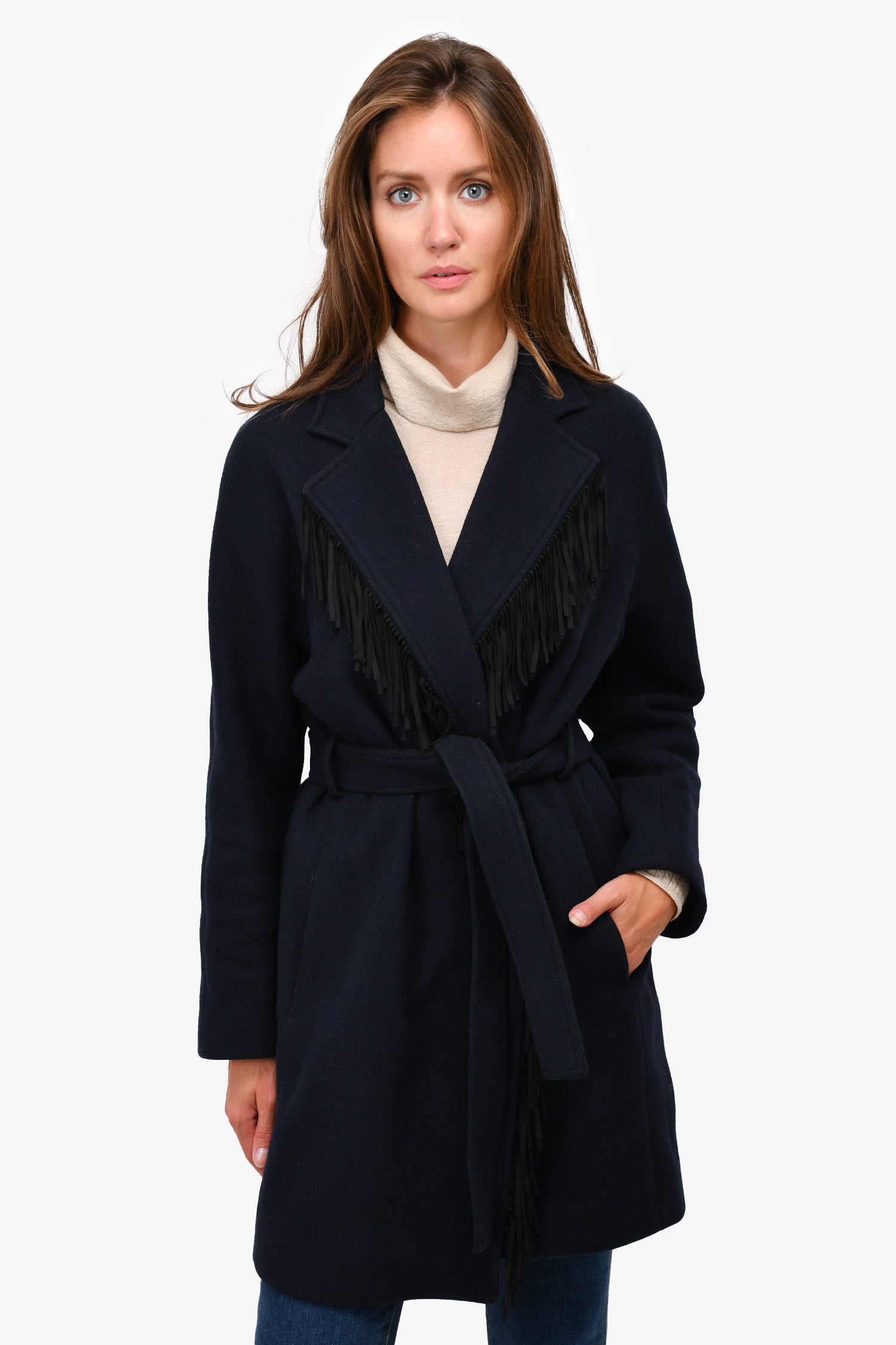 Maje Navy Blue Wool Blend Fringe Trim Wrap Coat Size 2 – Mine & Yours