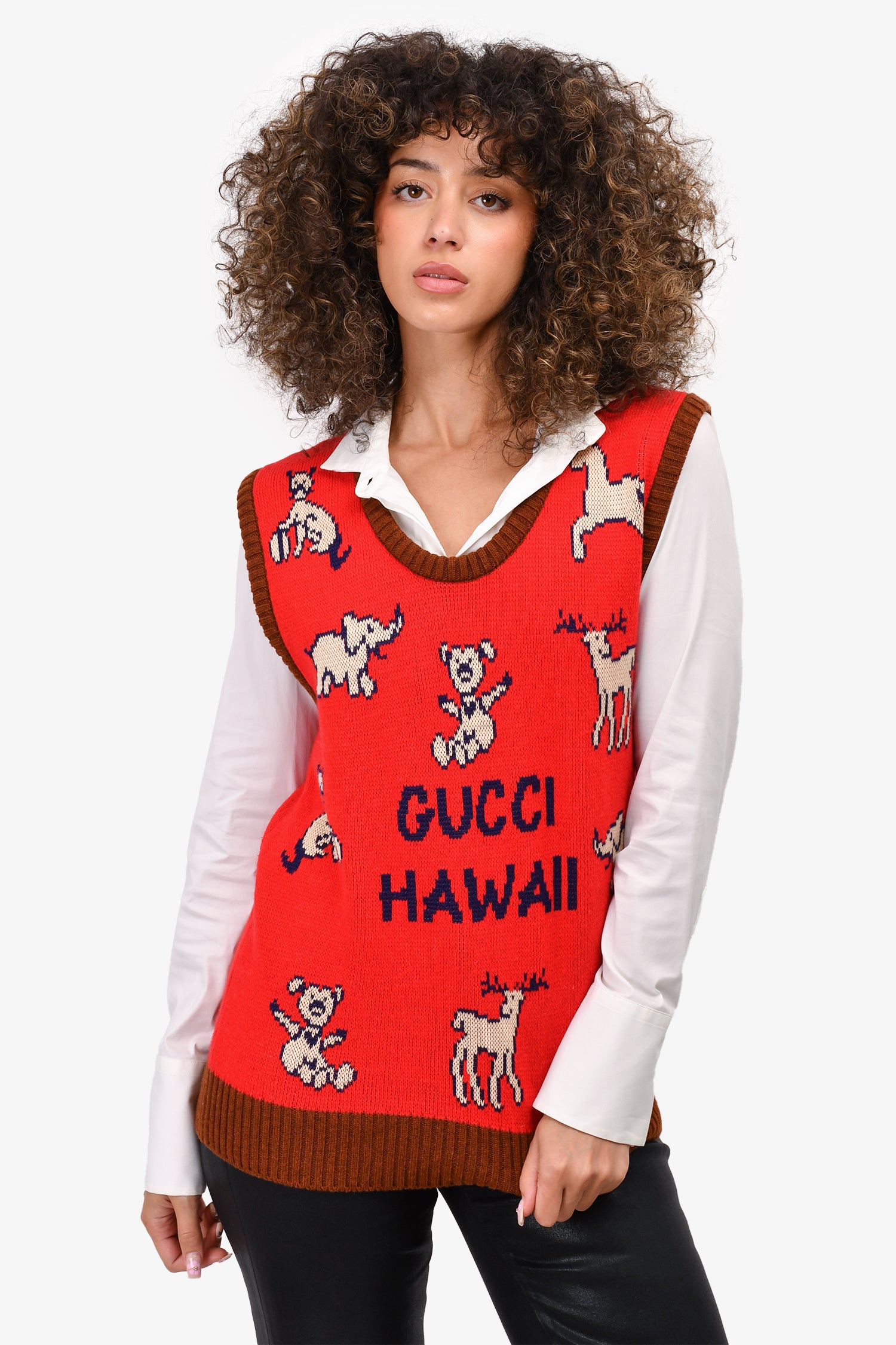 Gucci 100%ウール Vネックベスト　ヴィンテージ Gucci Red Wool Blend 'Gucci Hawaii' Sleeveless Vest – Mine & Yours