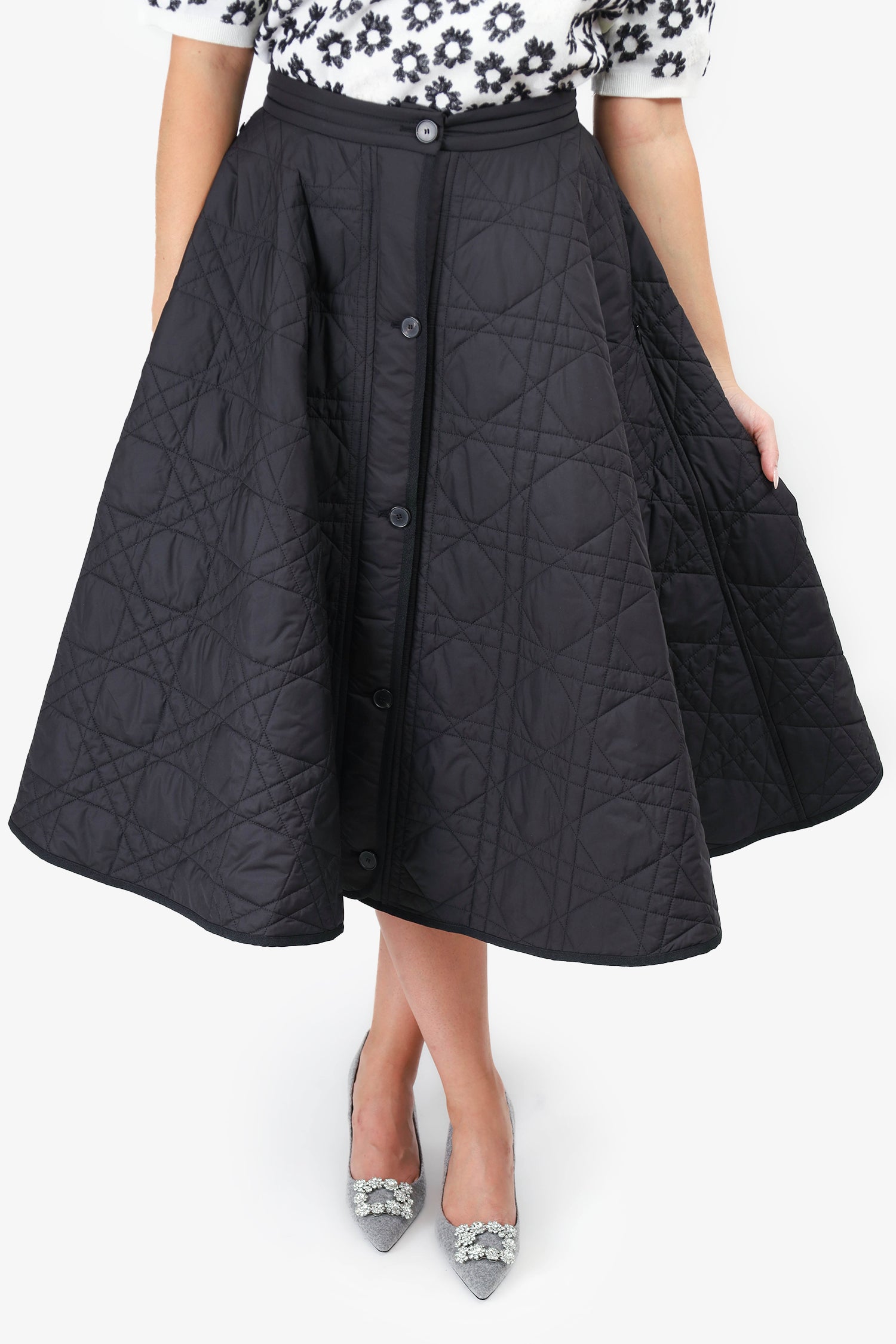 Christian Dior Black Macro Cannage Quilted Synthetic Midi Skirt Est. S ...