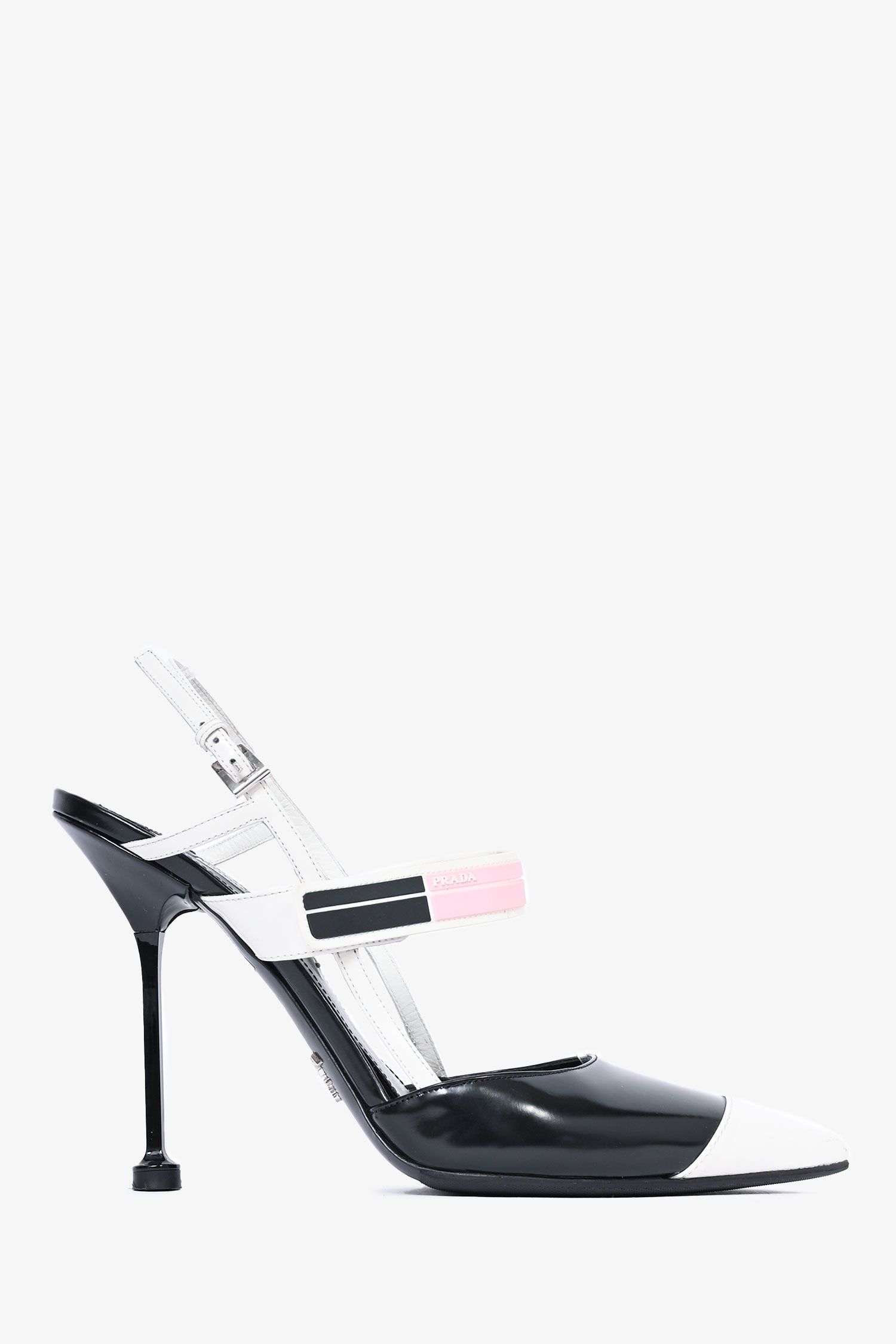 Prada Black/White Glossed Leather Heels with Pink Logo Strap Size