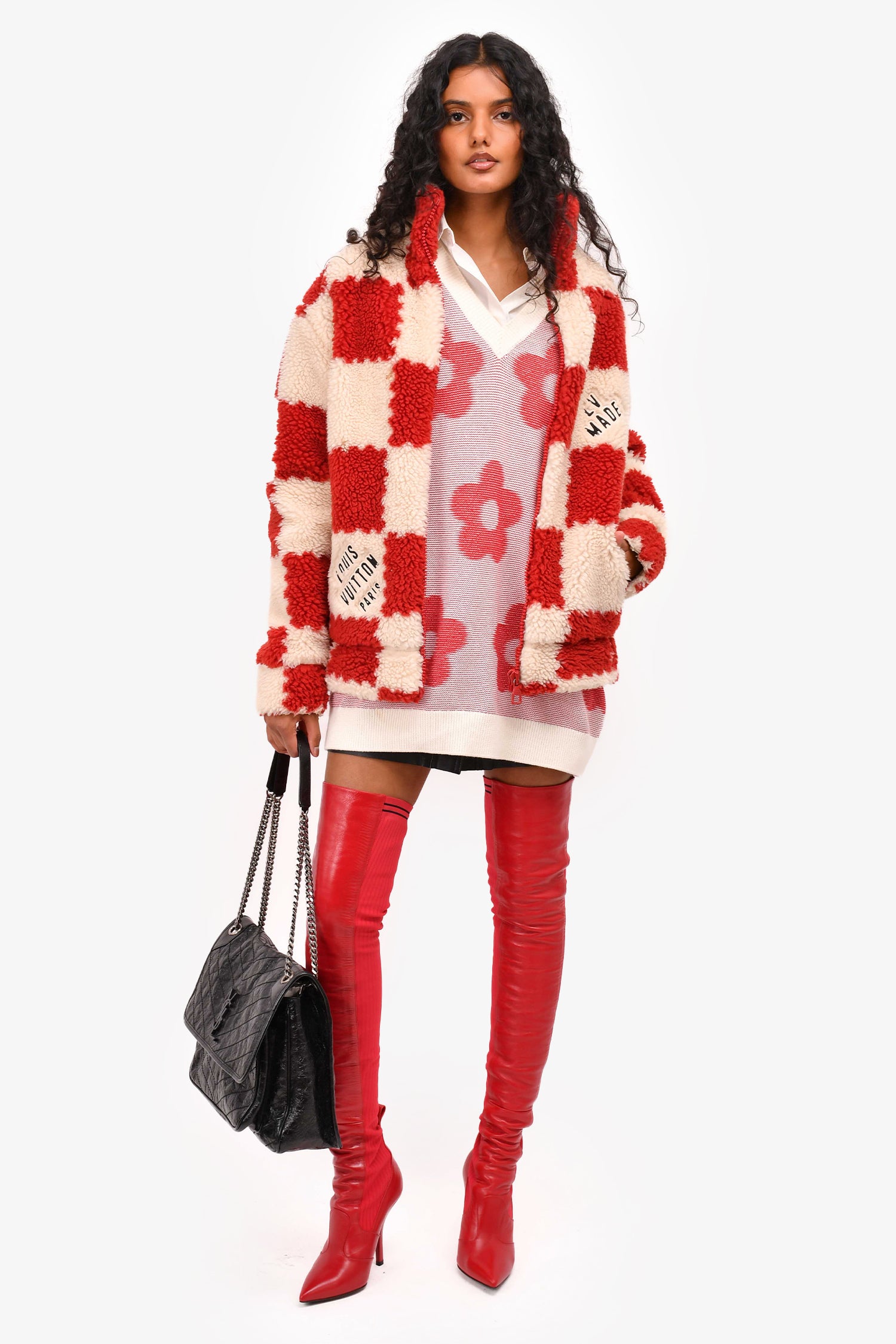 Louis Vuitton x Nigo 2022 Cream/Brick Red Checkered Fleece Zip-Up