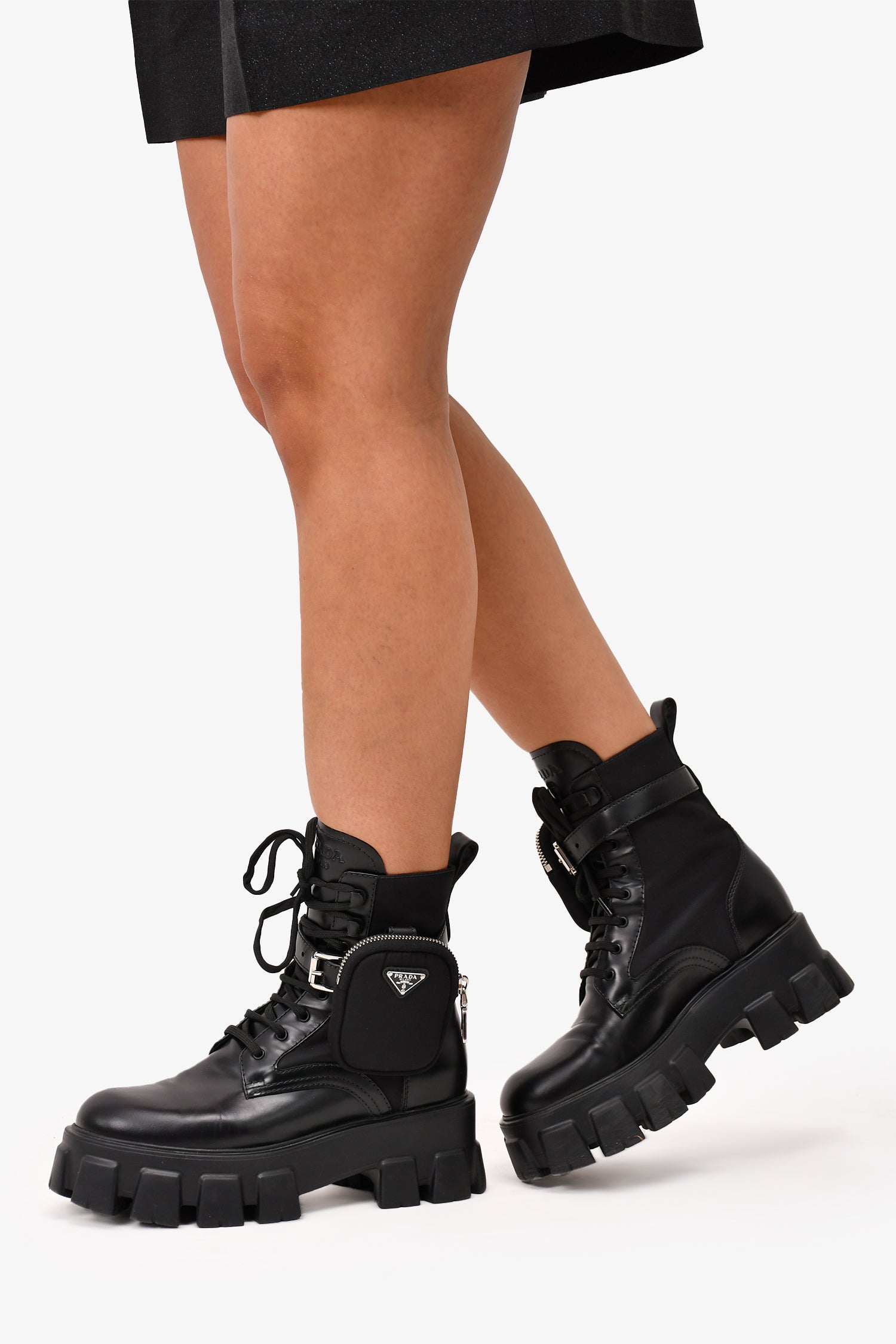 Prada Black Leather/Re-Nylon Monolith Platform Boots with Pouch